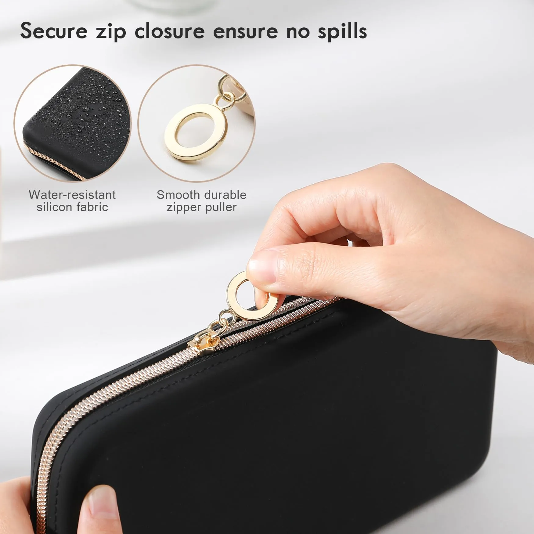 FVION Zipper Makeup Brushes Bag For Travel, Large Silicone Makeup Brush Holder, Make Up Brushes Pouch Case for Makeup Tools - Black