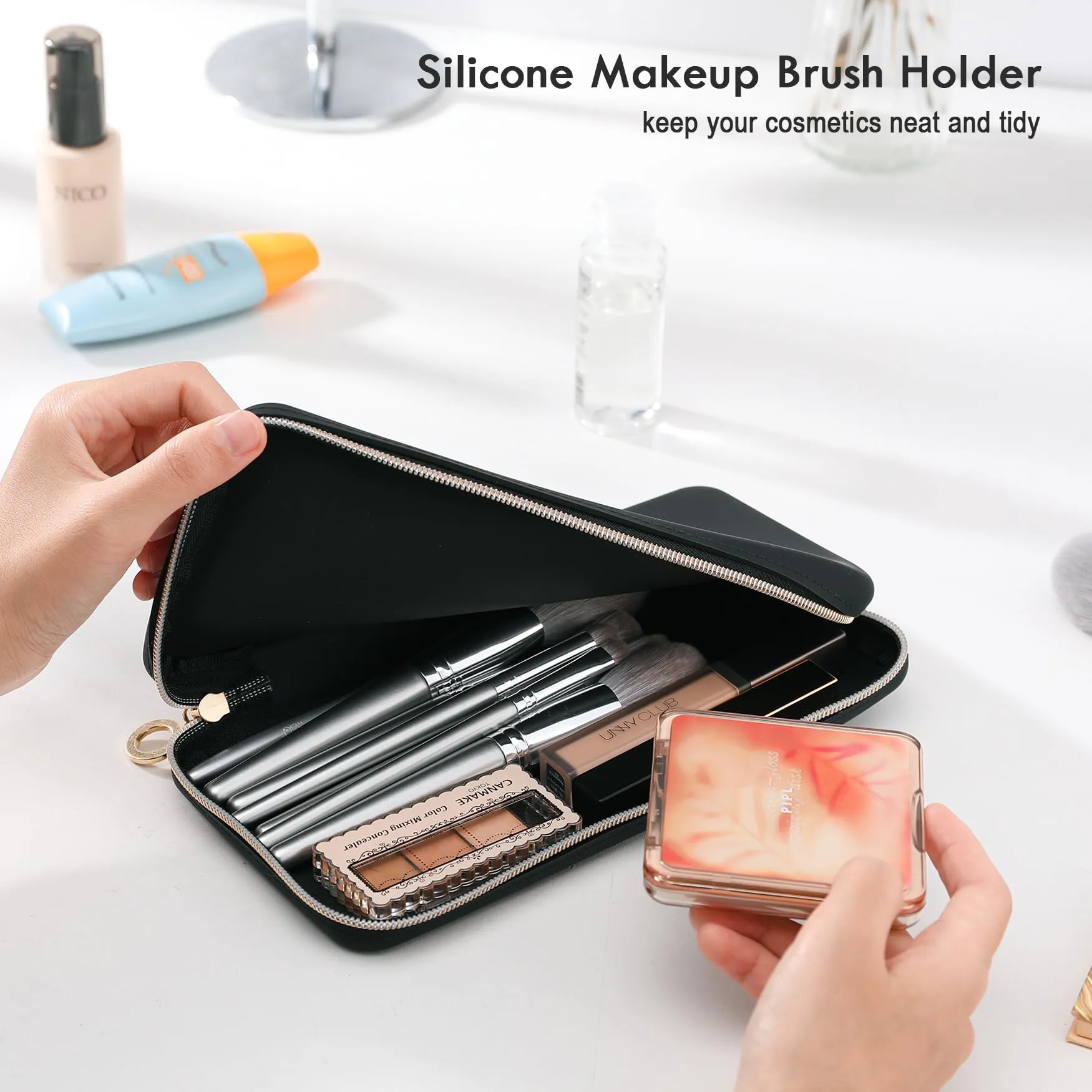 FVION Zipper Makeup Brushes Bag For Travel, Large Silicone Makeup Brush Holder, Make Up Brushes Pouch Case for Makeup Tools - Black