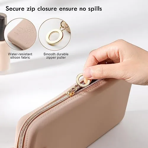 FVION Zipper Makeup Brushes Bag For Travel, Large Silicone Makeup Brush Holder, Make Up Brushes Pouch Case for Makeup Tools - Khaki