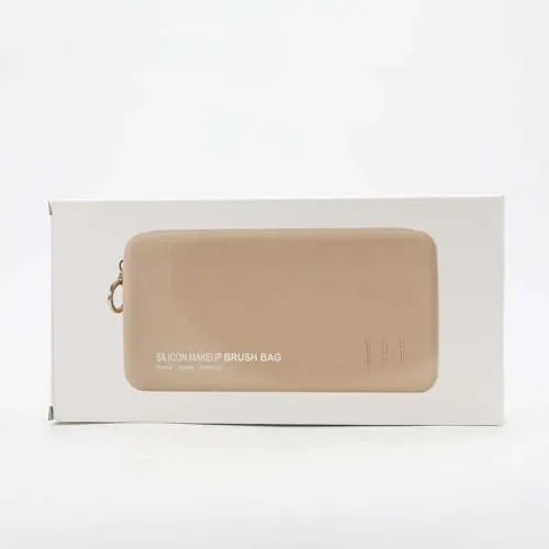 FVION Zipper Makeup Brushes Bag For Travel, Large Silicone Makeup Brush Holder, Make Up Brushes Pouch Case for Makeup Tools - Khaki