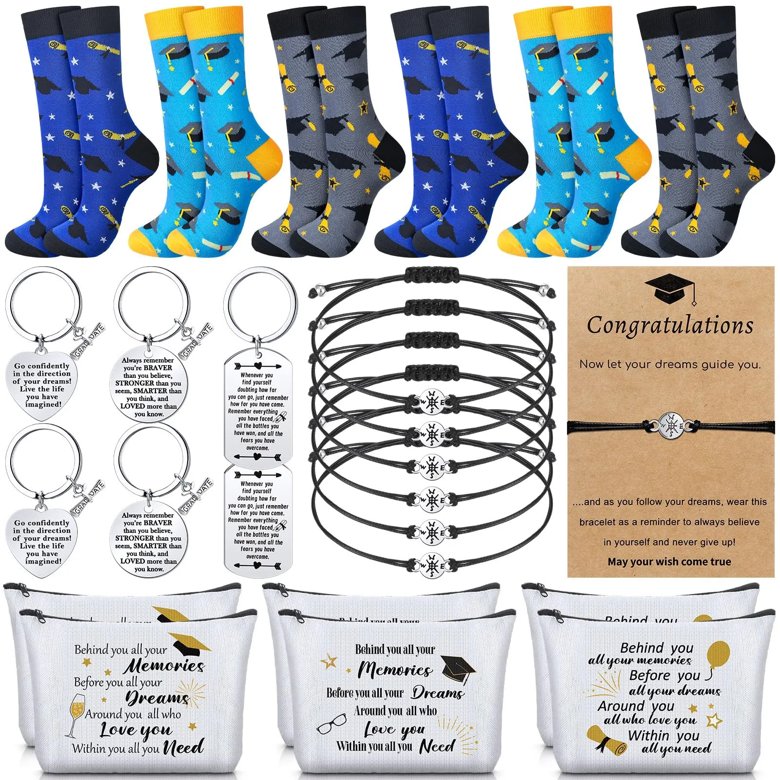Jiuguva 24 Pcs Graduation Gifts Set Include 6 Graduation Socks 6 Graduation Makeup Bags 6 Graduation Keychains 6 Graduation Compass Wristbands Congrats Grad Class of 2025 Graduation Gift for Her Him