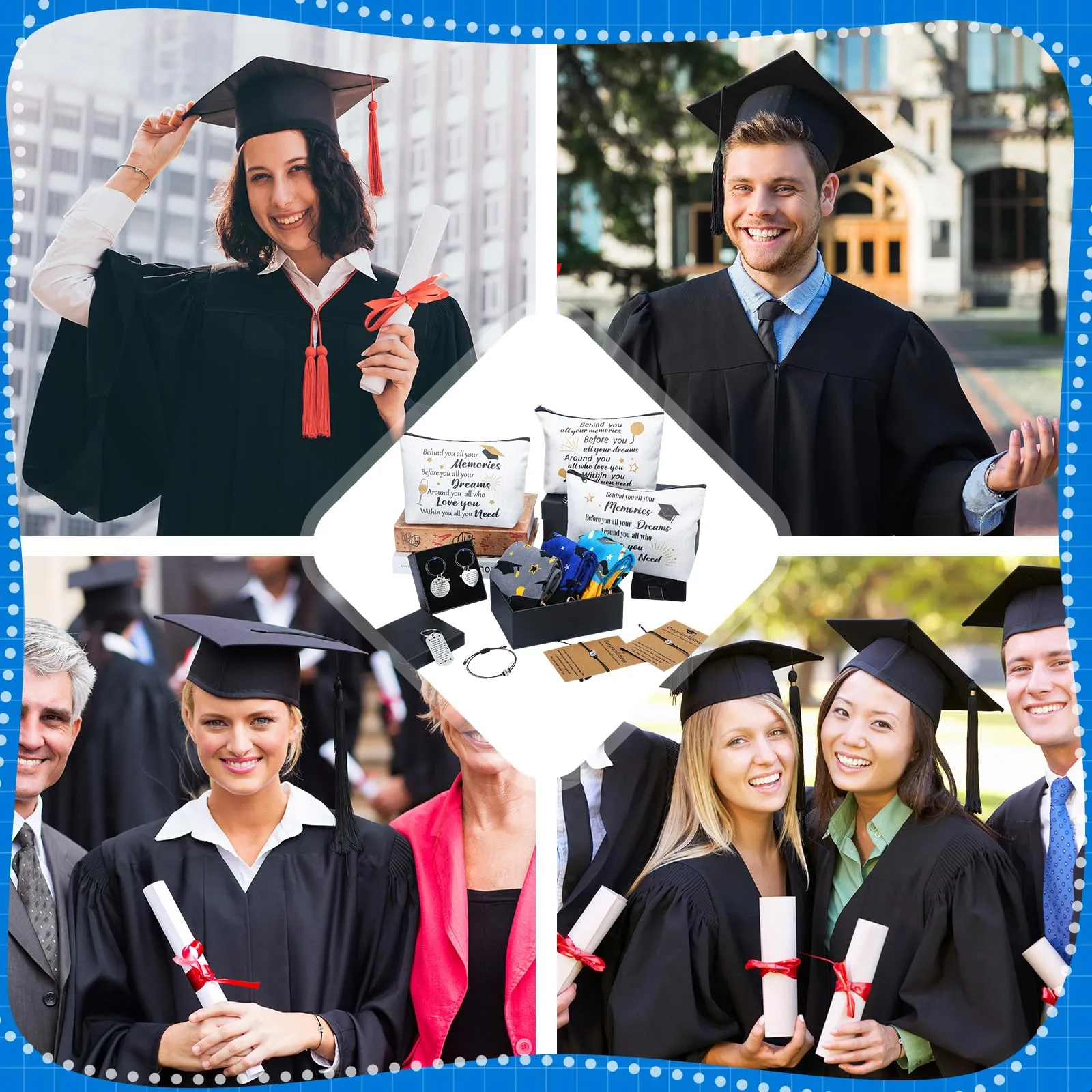 Jiuguva 24 Pcs Graduation Gifts Set Include 6 Graduation Socks 6 Graduation Makeup Bags 6 Graduation Keychains 6 Graduation Compass Wristbands Congrats Grad Class of 2025 Graduation Gift for Her Him