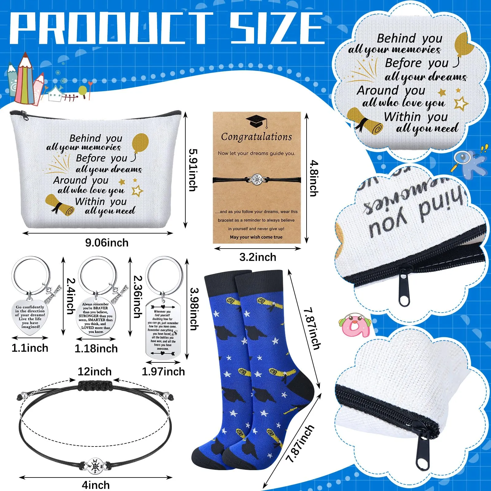 Jiuguva 24 Pcs Graduation Gifts Set Include 6 Graduation Socks 6 Graduation Makeup Bags 6 Graduation Keychains 6 Graduation Compass Wristbands Congrats Grad Class of 2025 Graduation Gift for Her Him