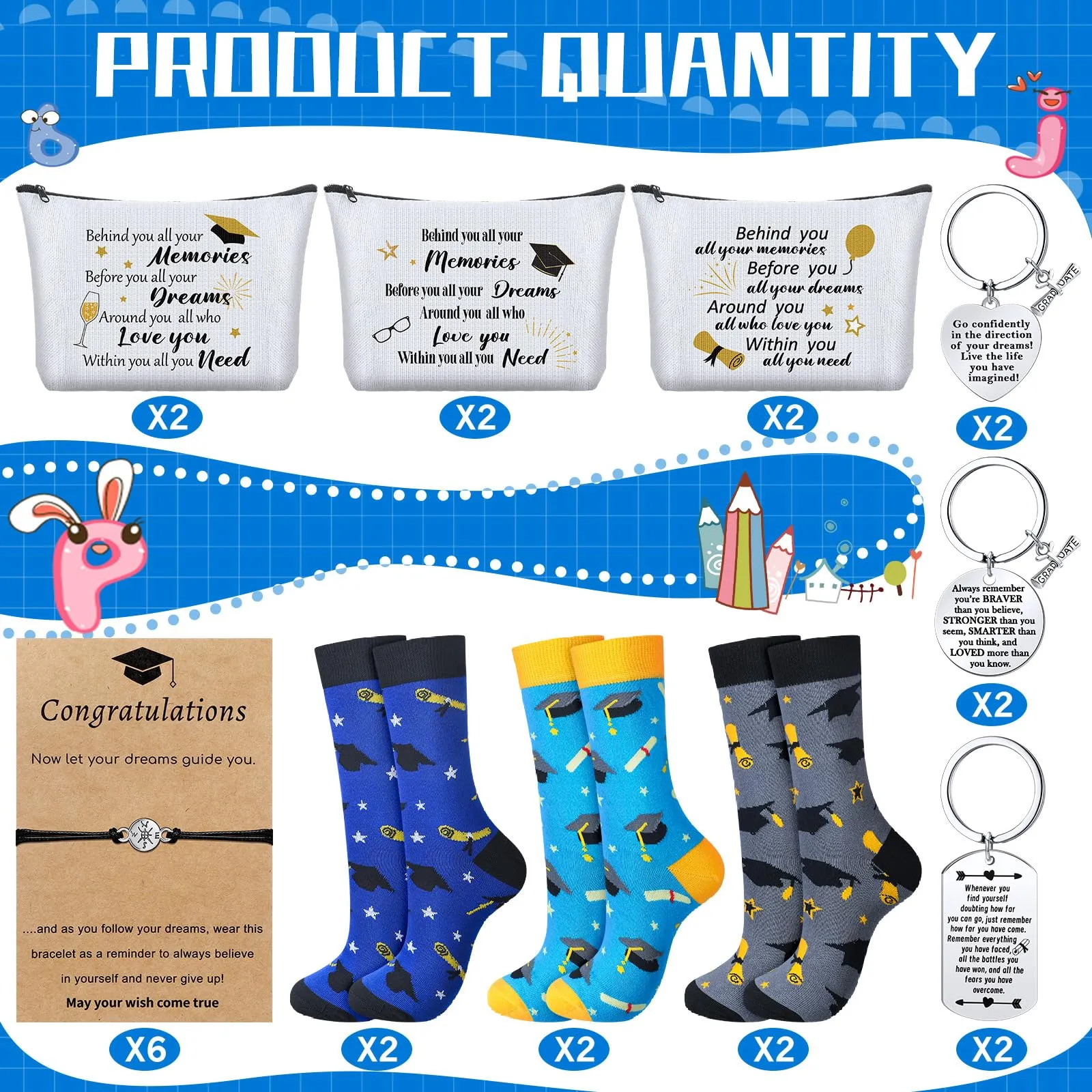Jiuguva 24 Pcs Graduation Gifts Set Include 6 Graduation Socks 6 Graduation Makeup Bags 6 Graduation Keychains 6 Graduation Compass Wristbands Congrats Grad Class of 2025 Graduation Gift for Her Him