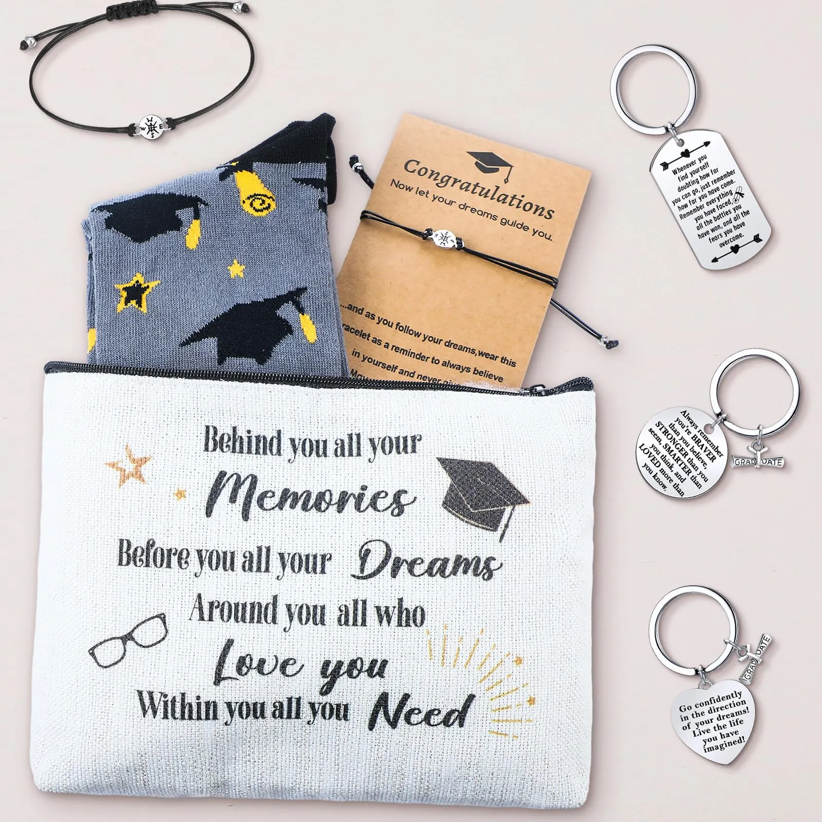 Jiuguva 24 Pcs Graduation Gifts Set Include 6 Graduation Socks 6 Graduation Makeup Bags 6 Graduation Keychains 6 Graduation Compass Wristbands Congrats Grad Class of 2025 Graduation Gift for Her Him