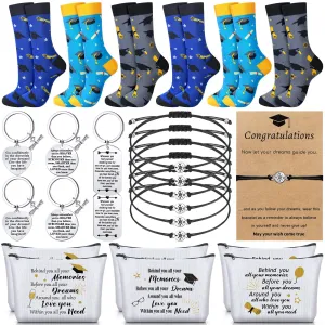 Jiuguva 24 Pcs Graduation Gifts Set Include 6 Graduation Socks 6 Graduation Makeup Bags 6 Graduation Keychains 6 Graduation Compass Wristbands Congrats Grad Class of 2025 Graduation Gift for Her Him