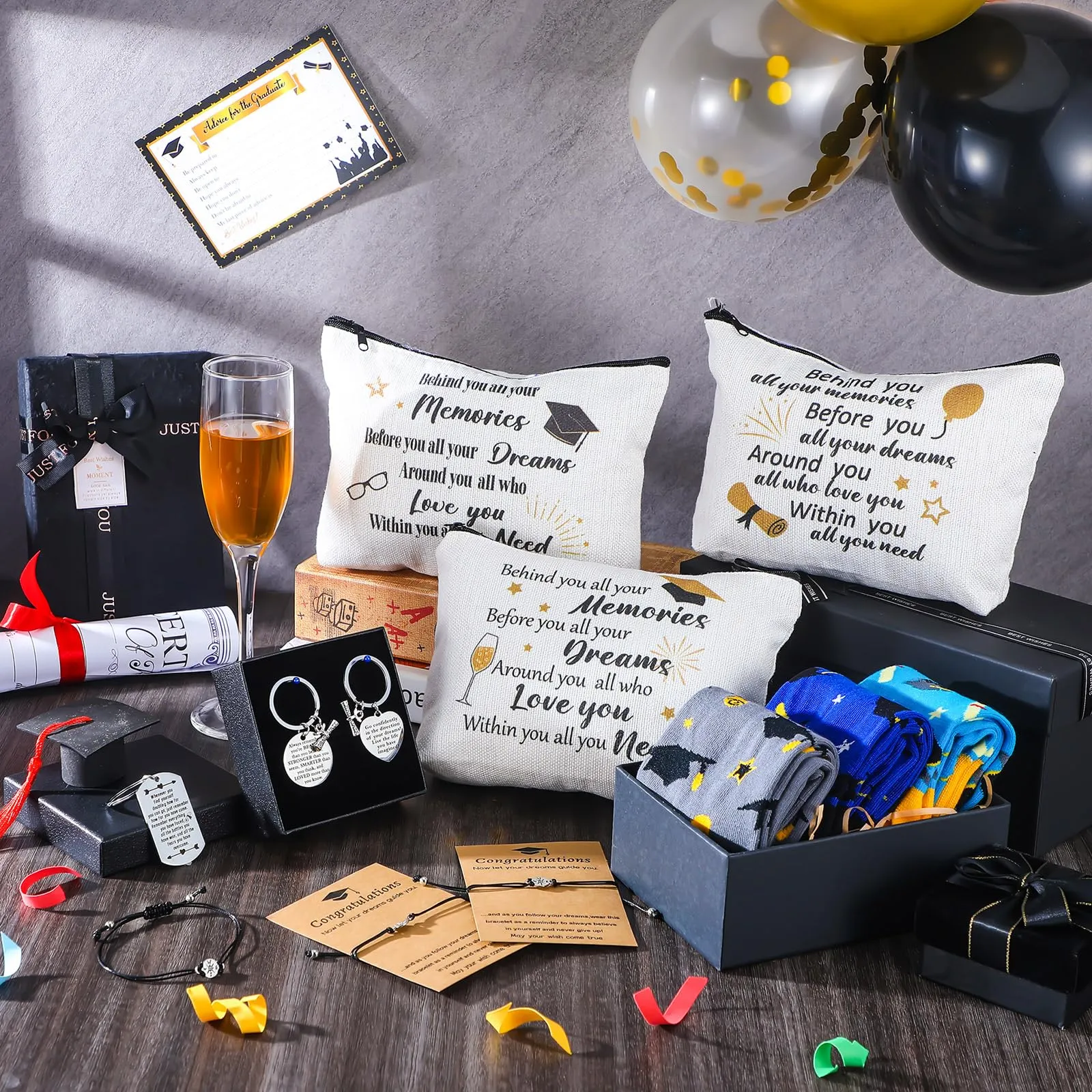 Jiuguva 24 Pcs Graduation Gifts Set Include 6 Graduation Socks 6 Graduation Makeup Bags 6 Graduation Keychains 6 Graduation Compass Wristbands Congrats Grad Class of 2025 Graduation Gift for Her Him