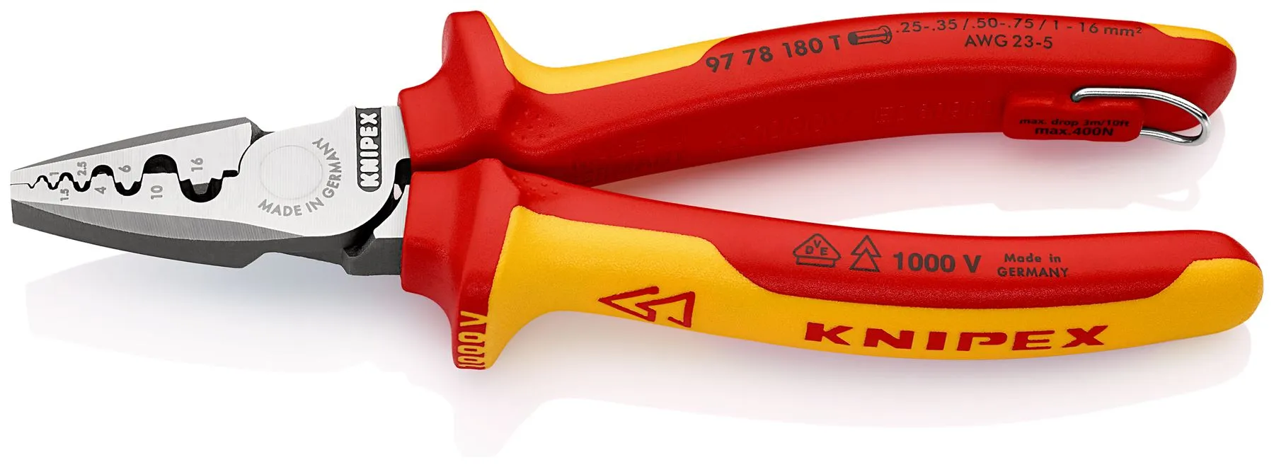 Knipex Crimping Pliers for Wire Ferrules 180mm VDE Insulated 1000V with Tether Point 97 78 180 T
