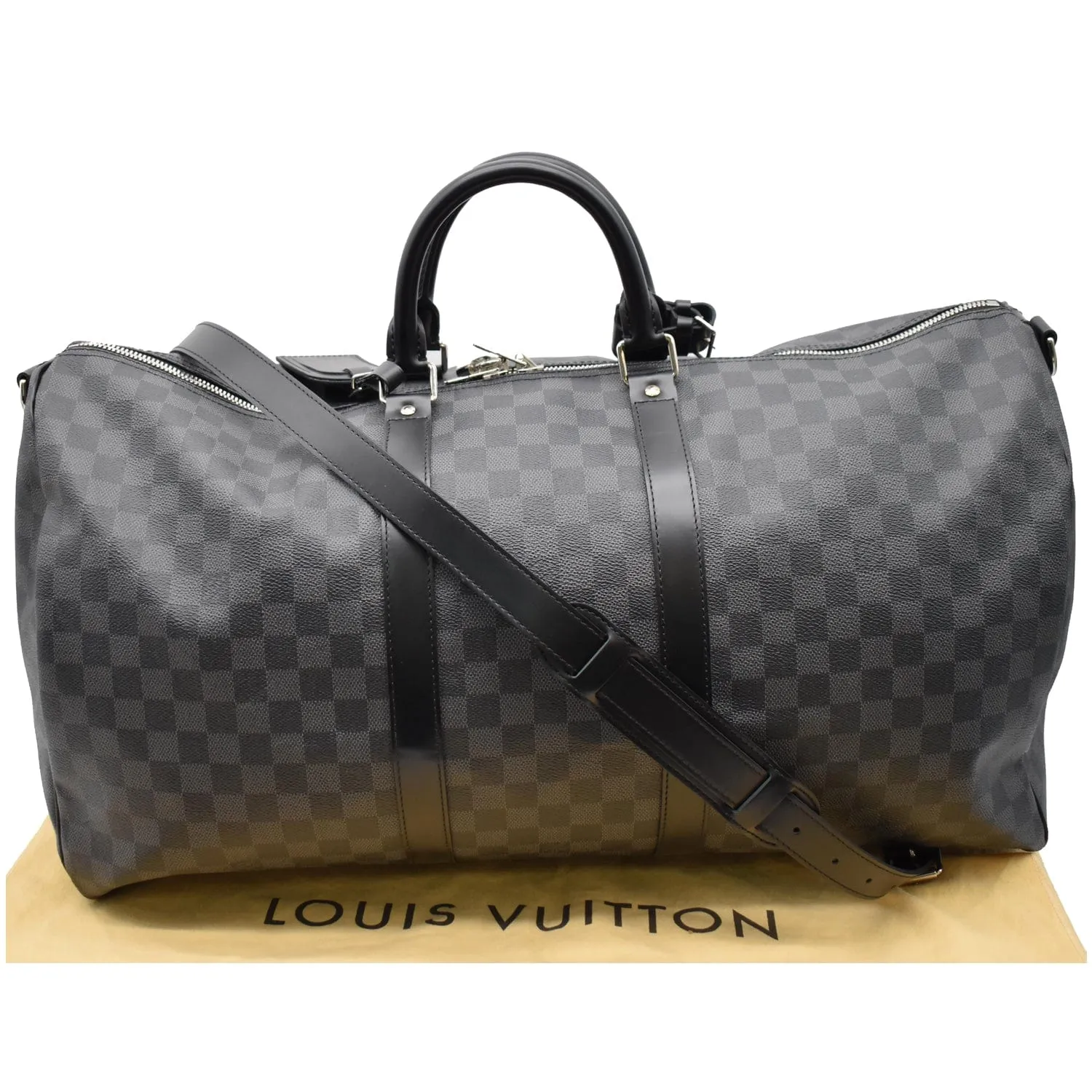 LOUIS VUITTON Keepall 55 Damier Graphite Bandouliere Travel Bag Black