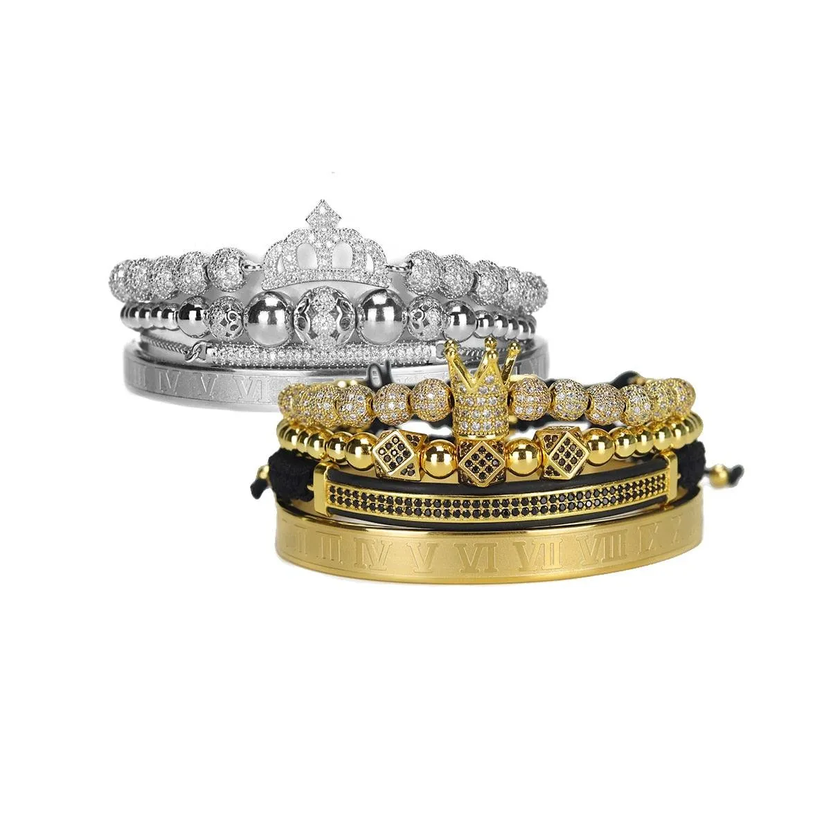Luxury Royal King Queen Crown charms colorfast Bracelet Stainless steel CZ beads  bracelets bangles for Men Women lover Jewelry