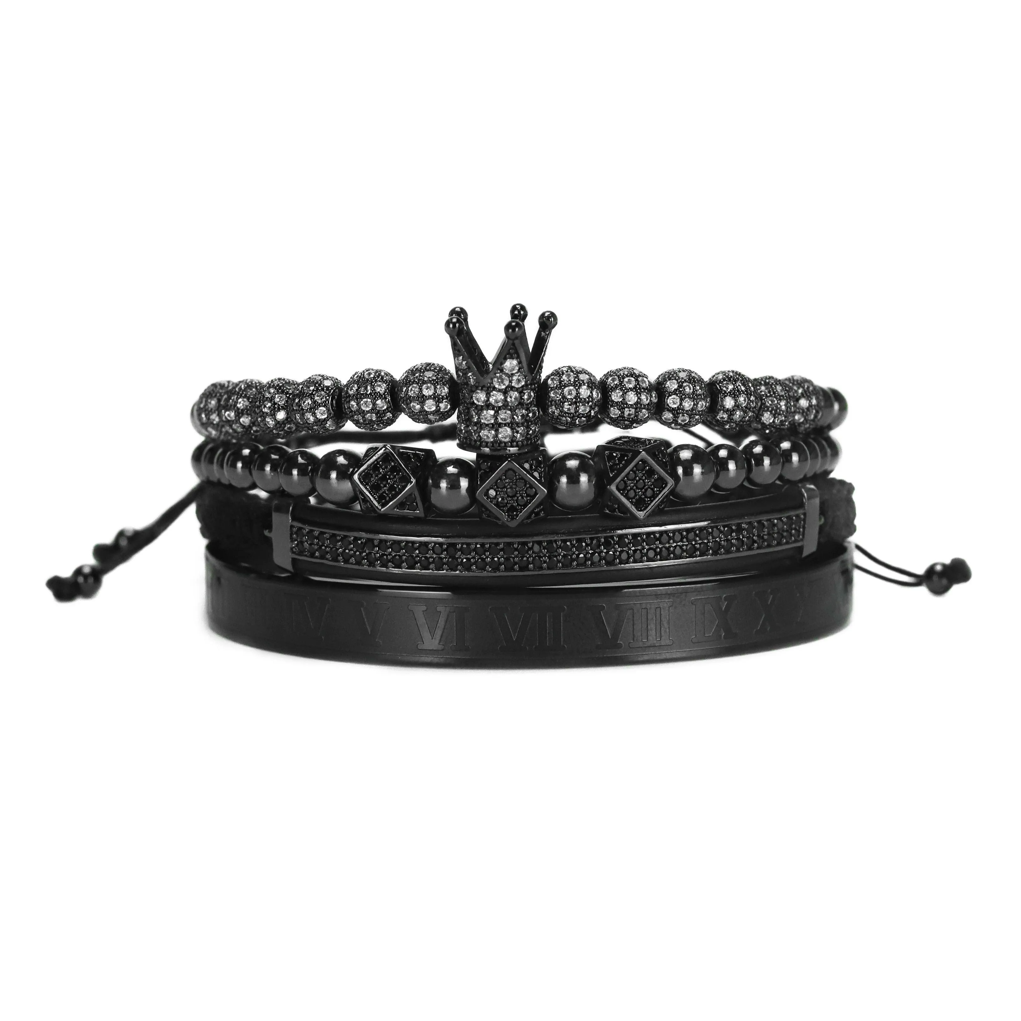 Luxury Royal King Queen Crown charms colorfast Bracelet Stainless steel CZ beads  bracelets bangles for Men Women lover Jewelry