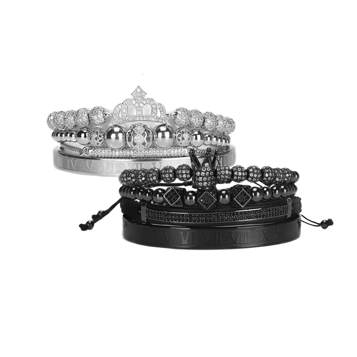 Luxury Royal King Queen Crown charms colorfast Bracelet Stainless steel CZ beads  bracelets bangles for Men Women lover Jewelry