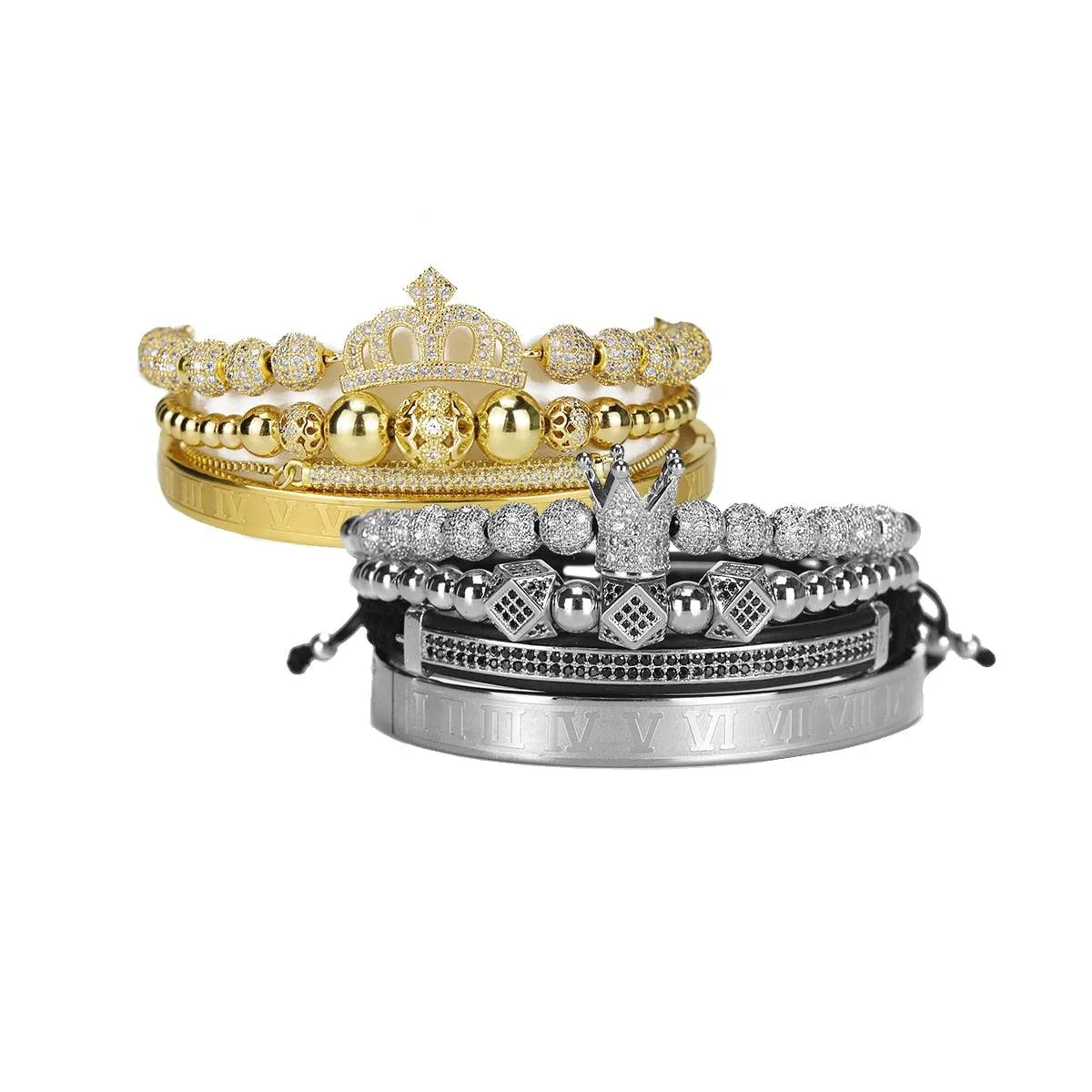 Luxury Royal King Queen Crown charms colorfast Bracelet Stainless steel CZ beads  bracelets bangles for Men Women lover Jewelry