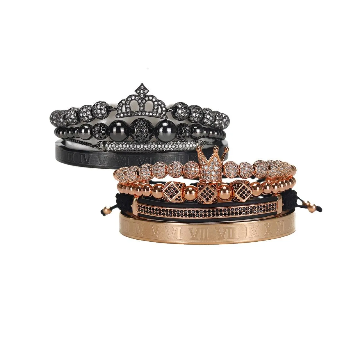 Luxury Royal King Queen Crown charms colorfast Bracelet Stainless steel CZ beads  bracelets bangles for Men Women lover Jewelry