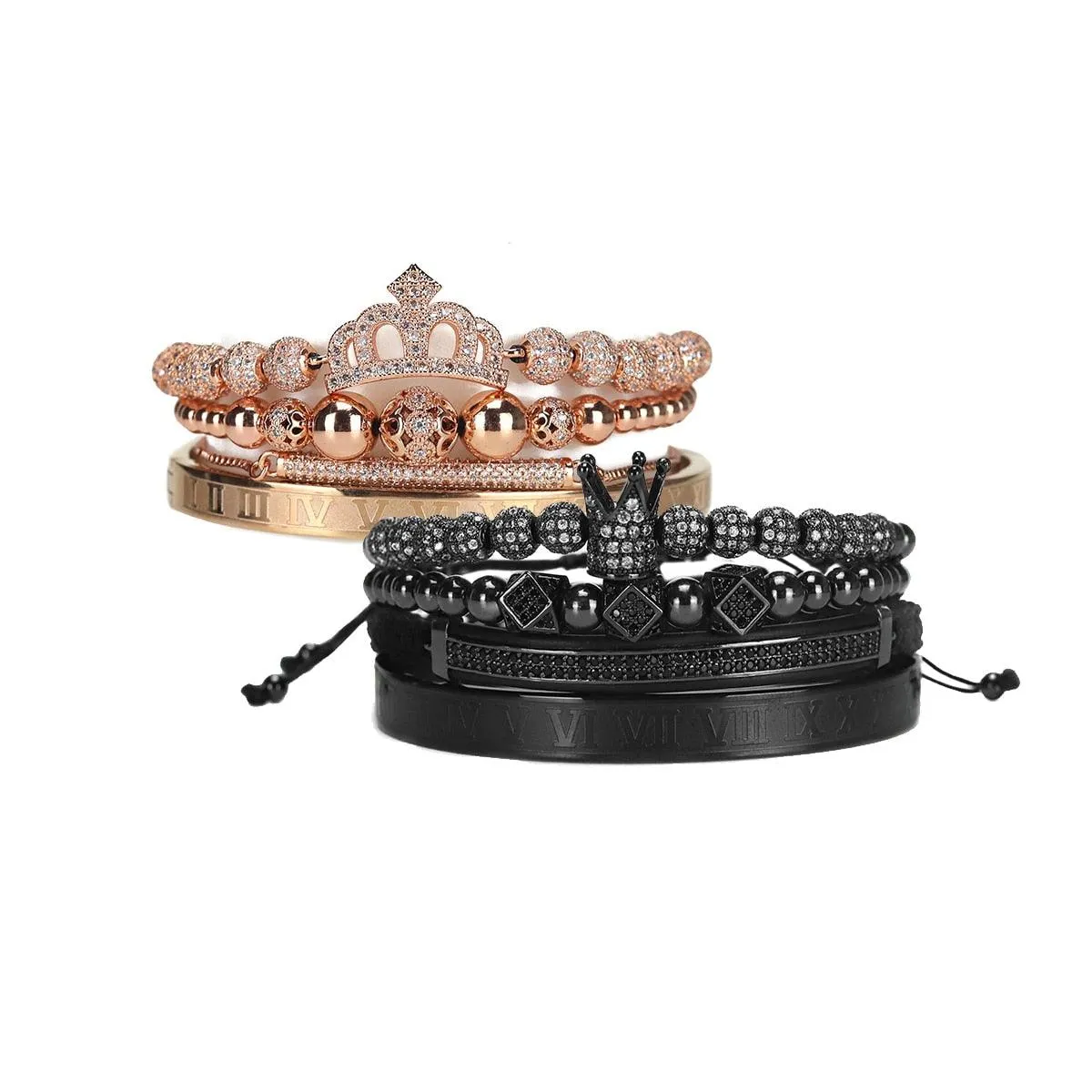 Luxury Royal King Queen Crown charms colorfast Bracelet Stainless steel CZ beads  bracelets bangles for Men Women lover Jewelry