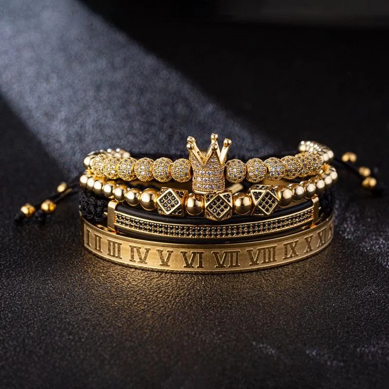 Luxury Royal King Queen Crown charms colorfast Bracelet Stainless steel CZ beads  bracelets bangles for Men Women lover Jewelry