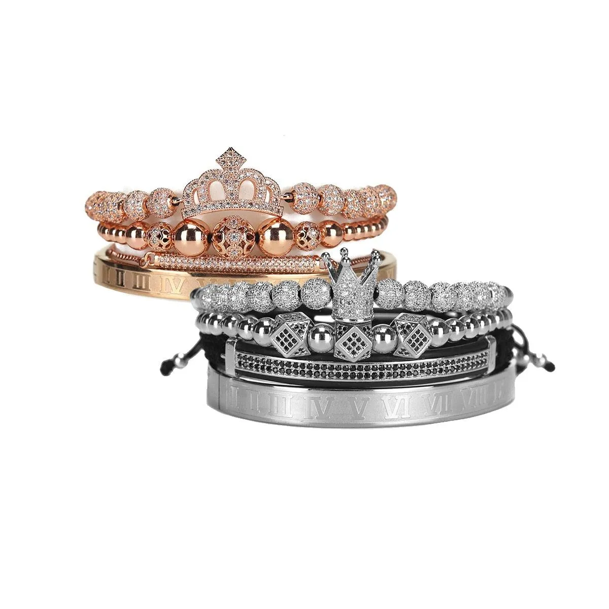 Luxury Royal King Queen Crown charms colorfast Bracelet Stainless steel CZ beads  bracelets bangles for Men Women lover Jewelry