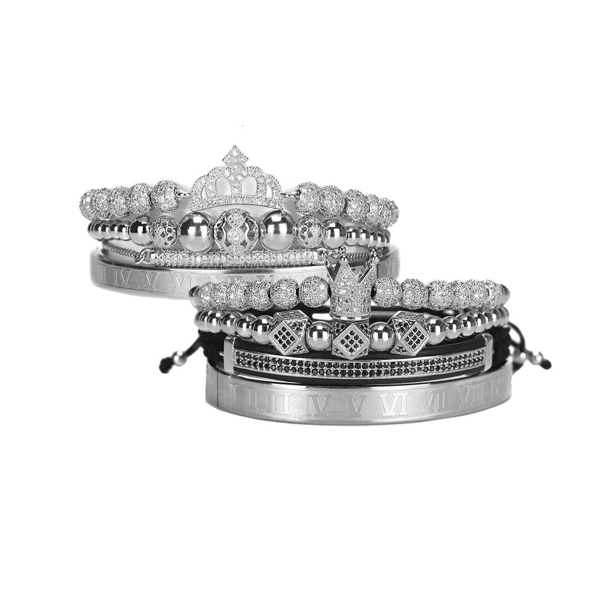 Luxury Royal King Queen Crown charms colorfast Bracelet Stainless steel CZ beads  bracelets bangles for Men Women lover Jewelry