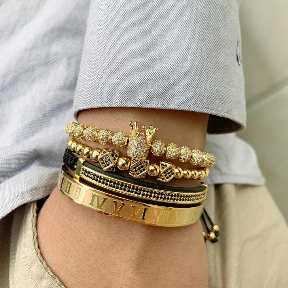 Luxury Royal King Queen Crown charms colorfast Bracelet Stainless steel CZ beads  bracelets bangles for Men Women lover Jewelry