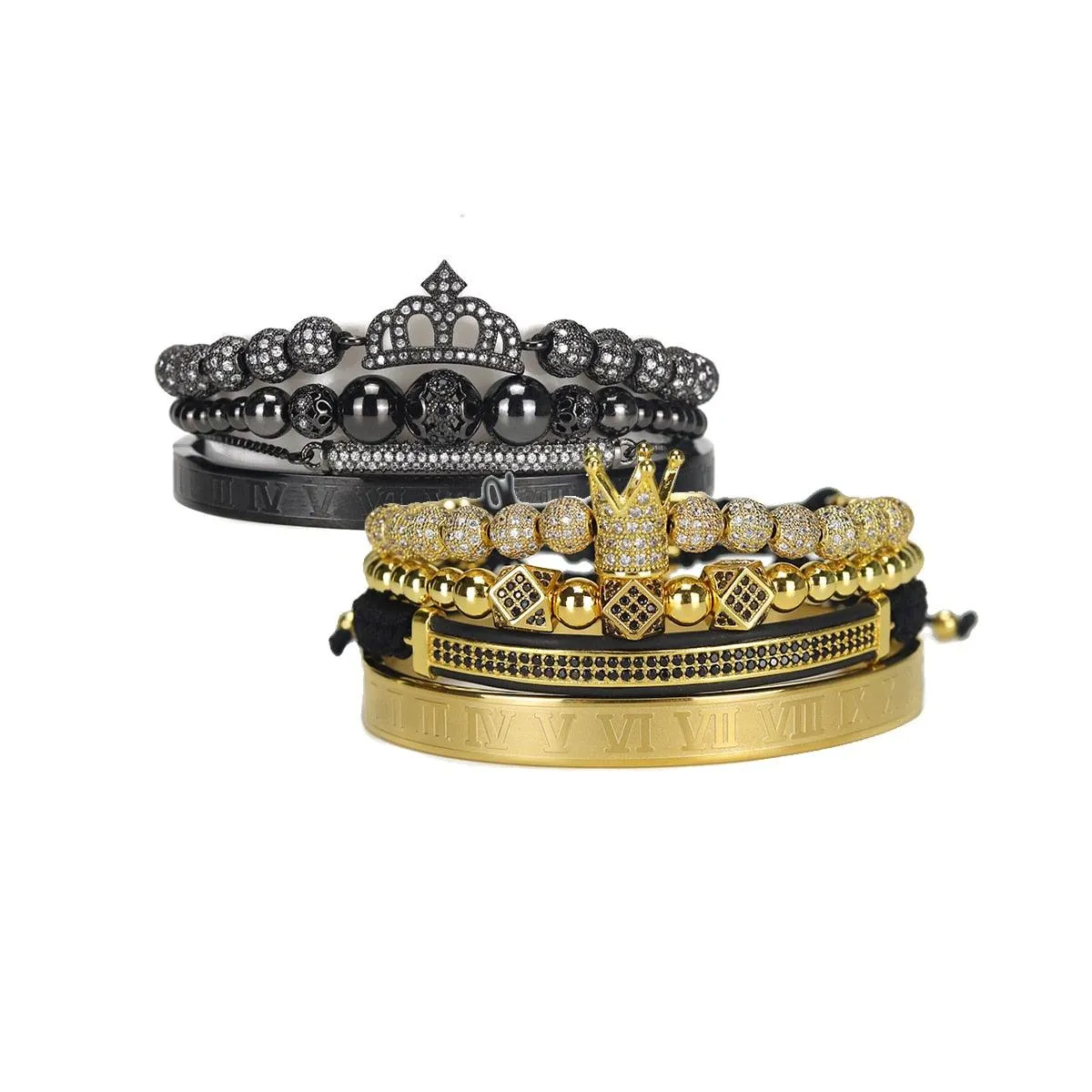Luxury Royal King Queen Crown charms colorfast Bracelet Stainless steel CZ beads  bracelets bangles for Men Women lover Jewelry