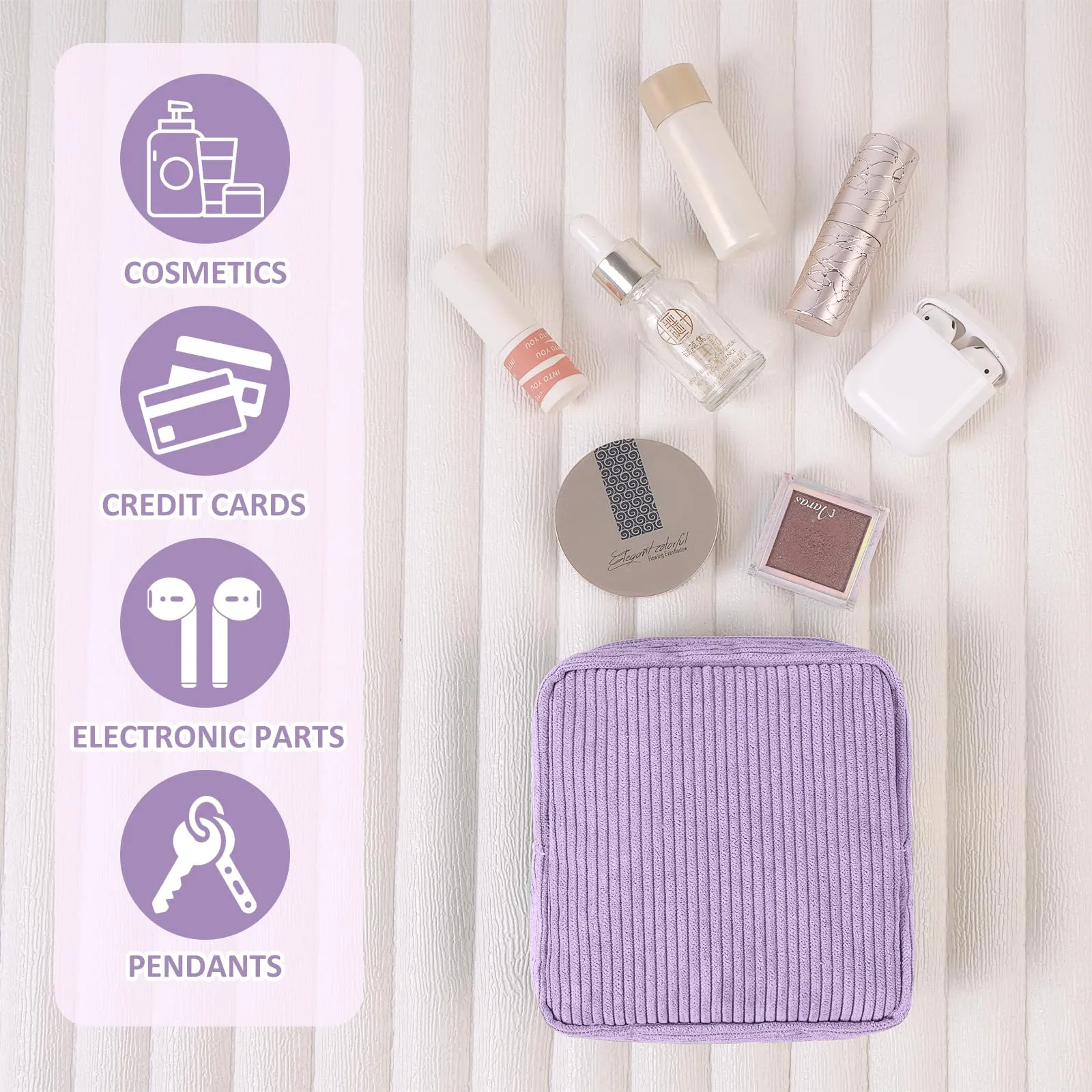MAGEFY Small Makeup Bag Mini Cosmetics Bag Makeup Bag for Purse Corduroy Cute Cosmetic Pouch for Women with Slip-in Pockets (Purple)