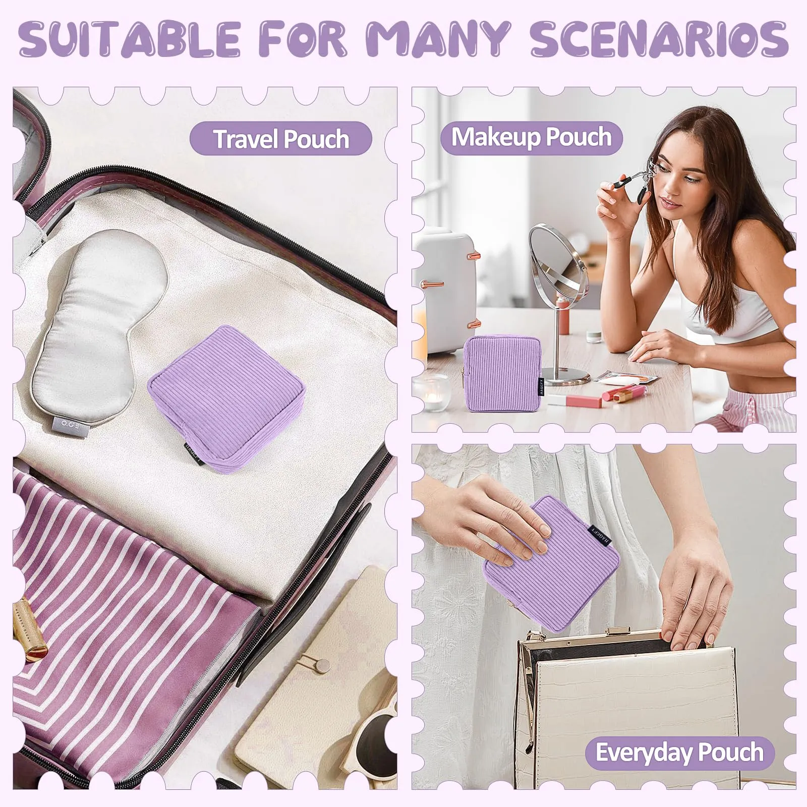 MAGEFY Small Makeup Bag Mini Cosmetics Bag Makeup Bag for Purse Corduroy Cute Cosmetic Pouch for Women with Slip-in Pockets (Purple)