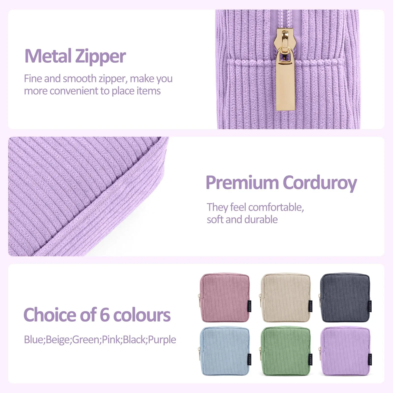 MAGEFY Small Makeup Bag Mini Cosmetics Bag Makeup Bag for Purse Corduroy Cute Cosmetic Pouch for Women with Slip-in Pockets (Purple)