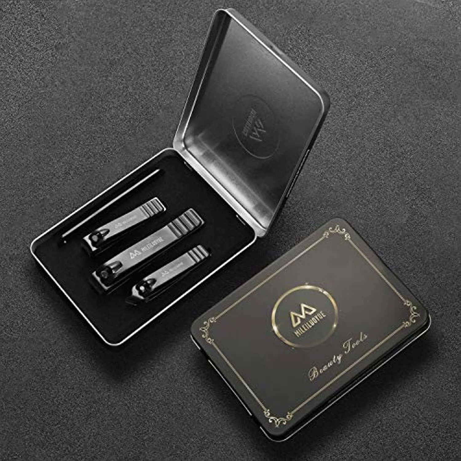 MILEILUOYUE Nail clippers set black stainless steel nail cutter& sharp oblique toe nail clipper & nail file 4 pieces, metal tin box for men and women suitable for gifts.