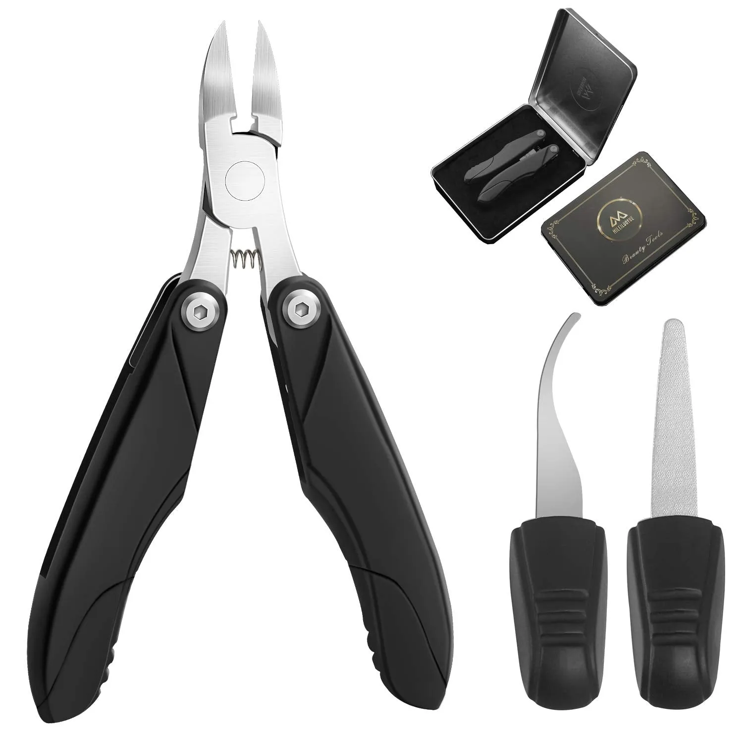 MILEILUOYUE Nail clippers set black stainless steel nail cutter& sharp oblique toe nail clipper & nail file 4 pieces, metal tin box for men and women suitable for gifts.