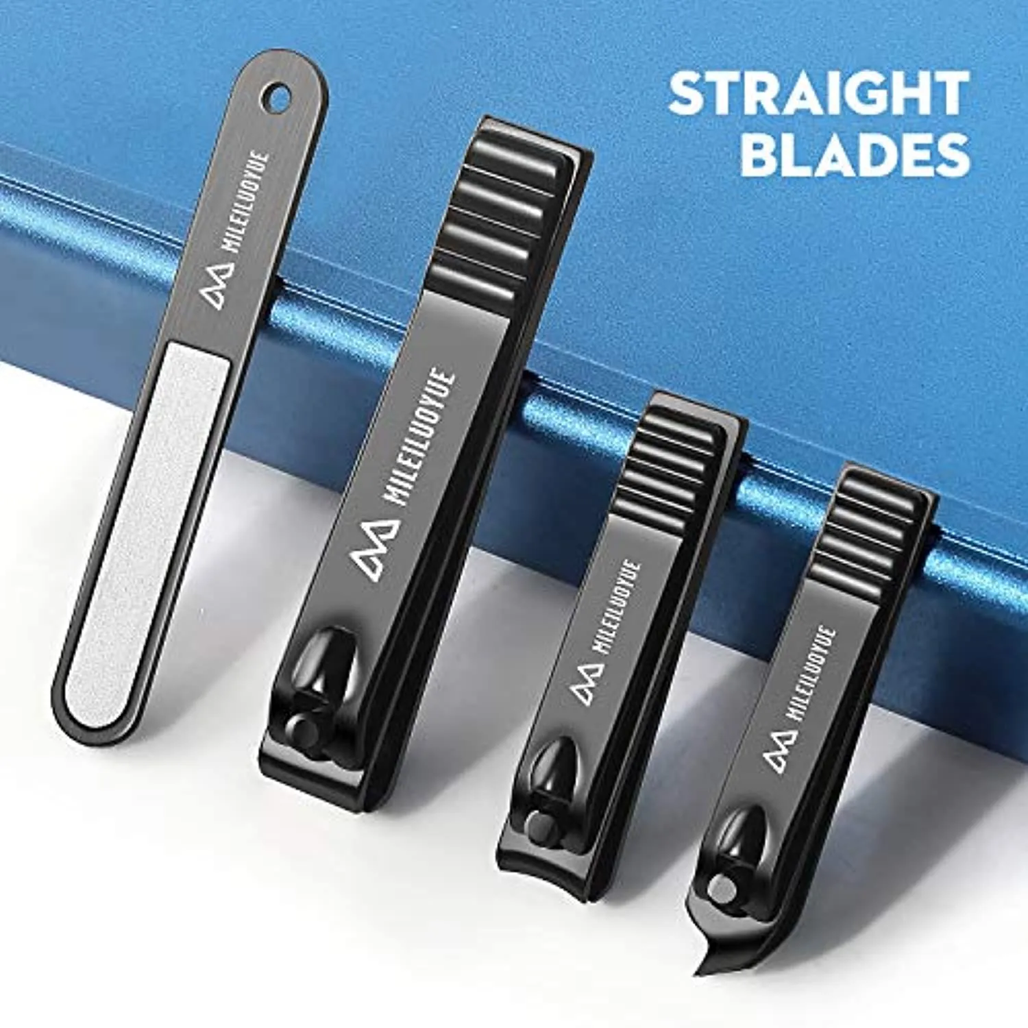 MILEILUOYUE Nail clippers set black stainless steel nail cutter& sharp oblique toe nail clipper & nail file 4 pieces, metal tin box for men and women suitable for gifts.