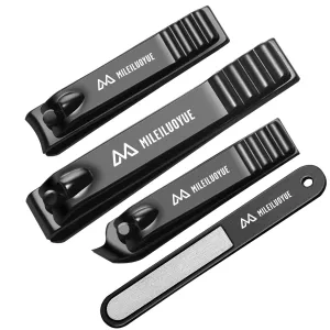 MILEILUOYUE Nail clippers set black stainless steel nail cutter& sharp oblique toe nail clipper & nail file 4 pieces, metal tin box for men and women suitable for gifts.