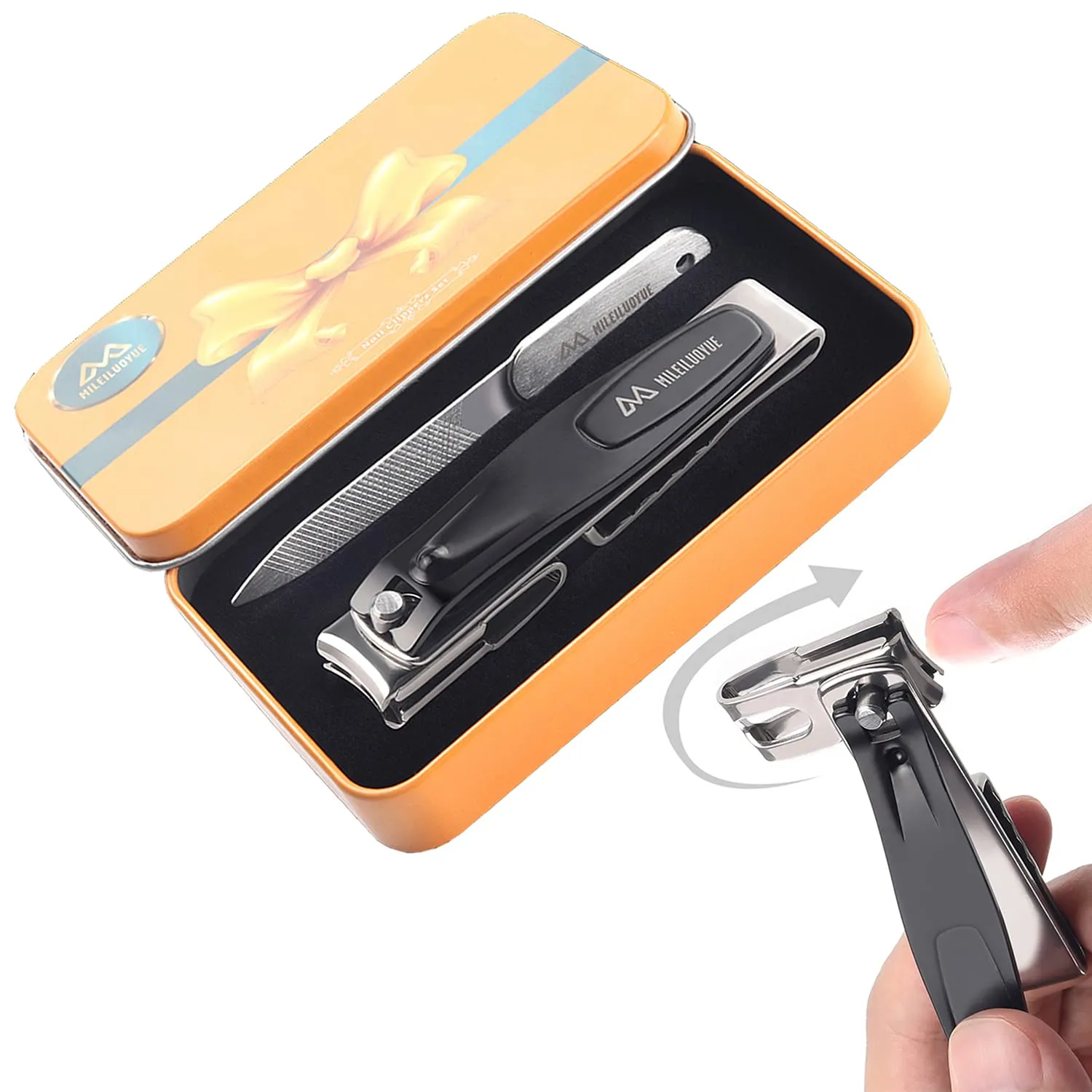 MILEILUOYUE Nail clippers set black stainless steel nail cutter& sharp oblique toe nail clipper & nail file 4 pieces, metal tin box for men and women suitable for gifts.