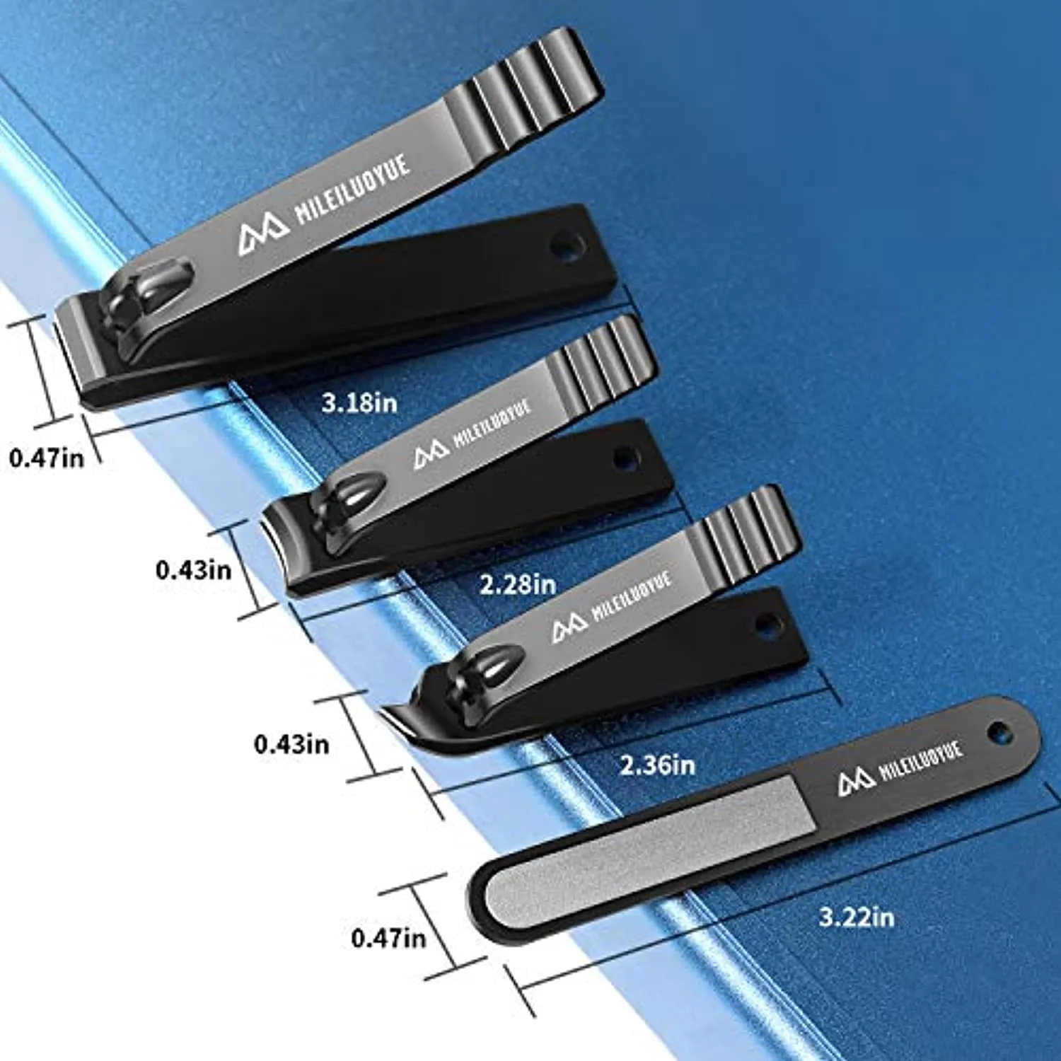 MILEILUOYUE Nail clippers set black stainless steel nail cutter& sharp oblique toe nail clipper & nail file 4 pieces, metal tin box for men and women suitable for gifts.