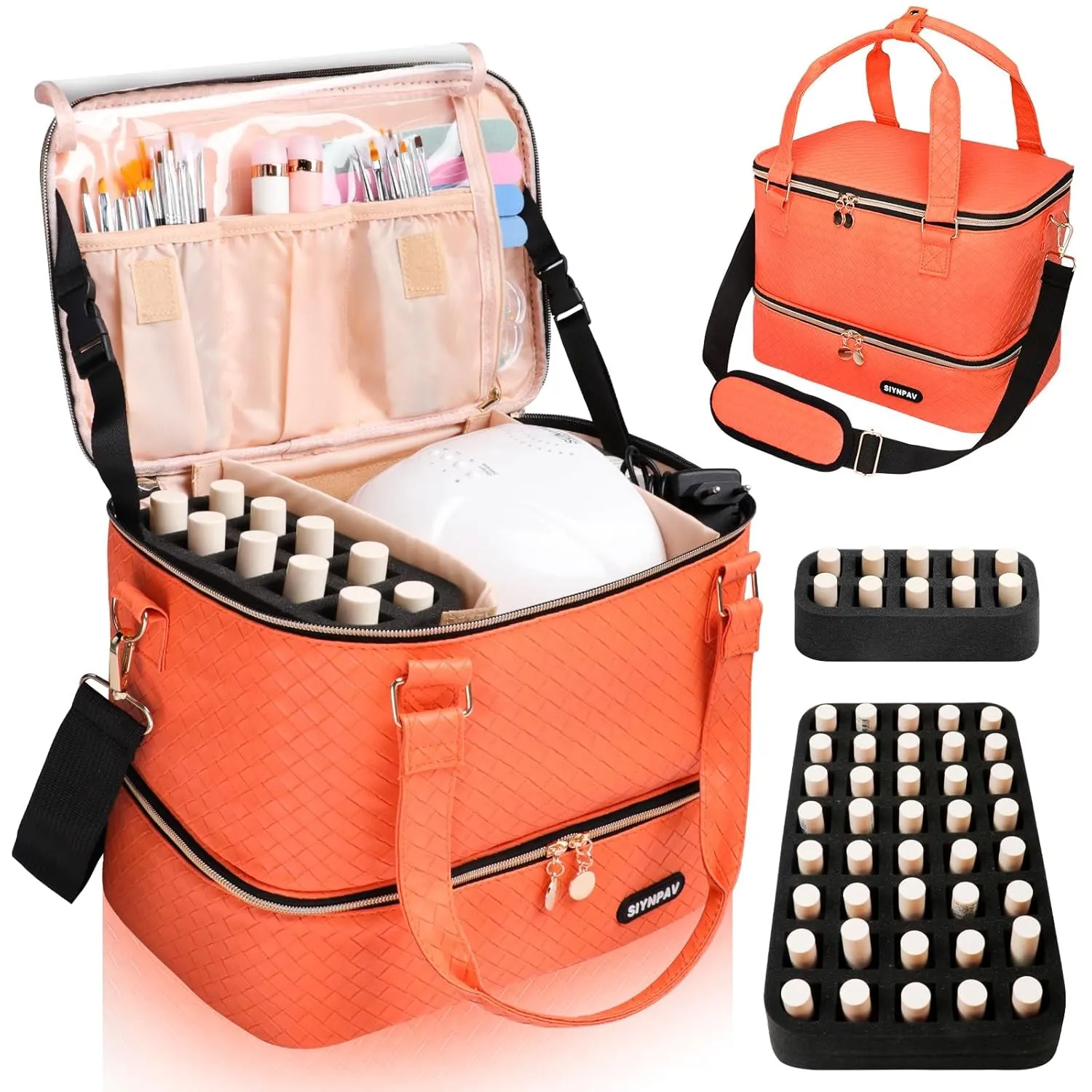 Nail Polish Organizer Bag Holds 50 Bottles (15Ml/0.5 Fl.Oz)& Nail Lamp, Vegan Leather Nail Kit Storage Case with Holder Staps, Portable Nail Supplies Organizer for Manicure Tools (Black)