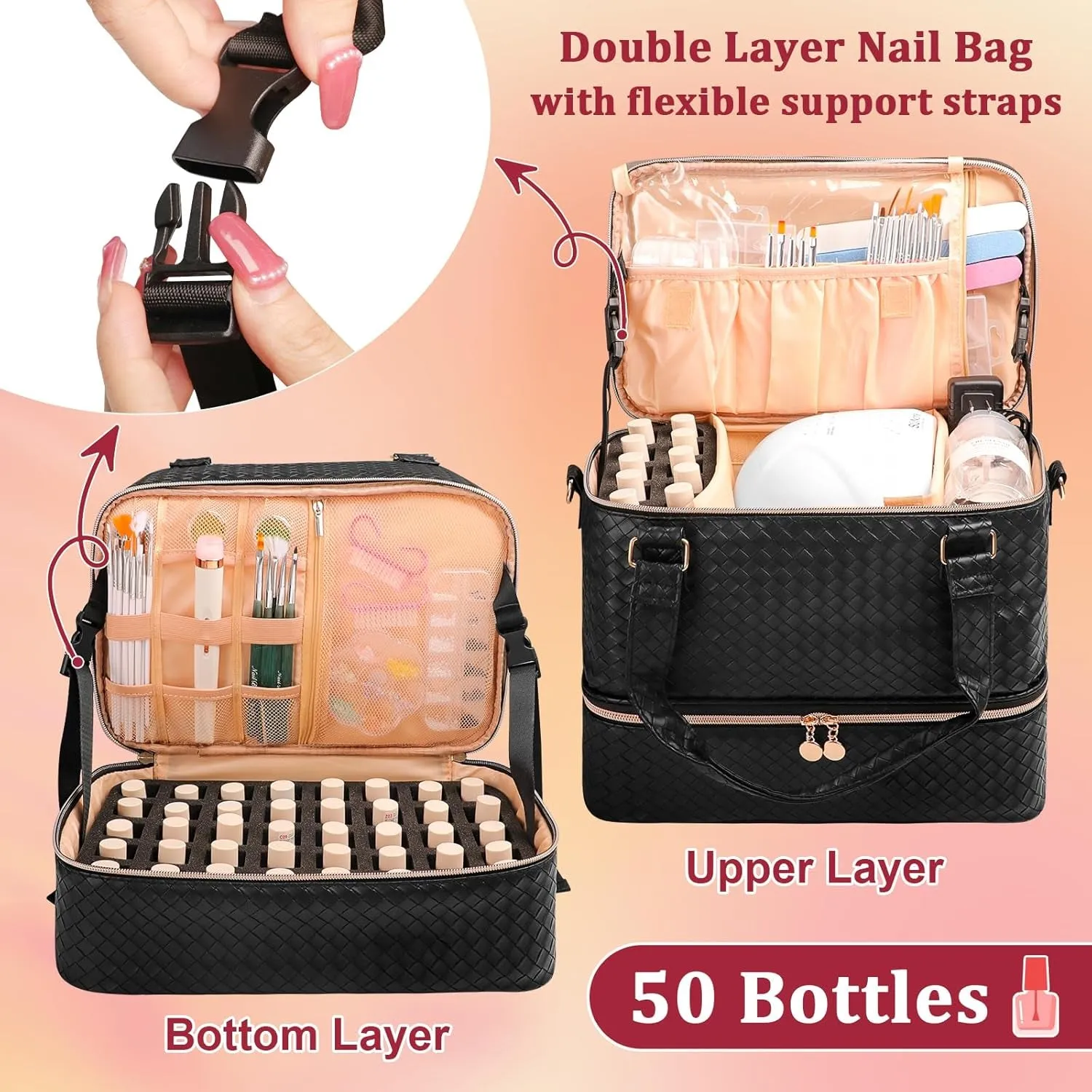 Nail Polish Organizer Bag Holds 50 Bottles (15Ml/0.5 Fl.Oz)& Nail Lamp, Vegan Leather Nail Kit Storage Case with Holder Staps, Portable Nail Supplies Organizer for Manicure Tools (Black)
