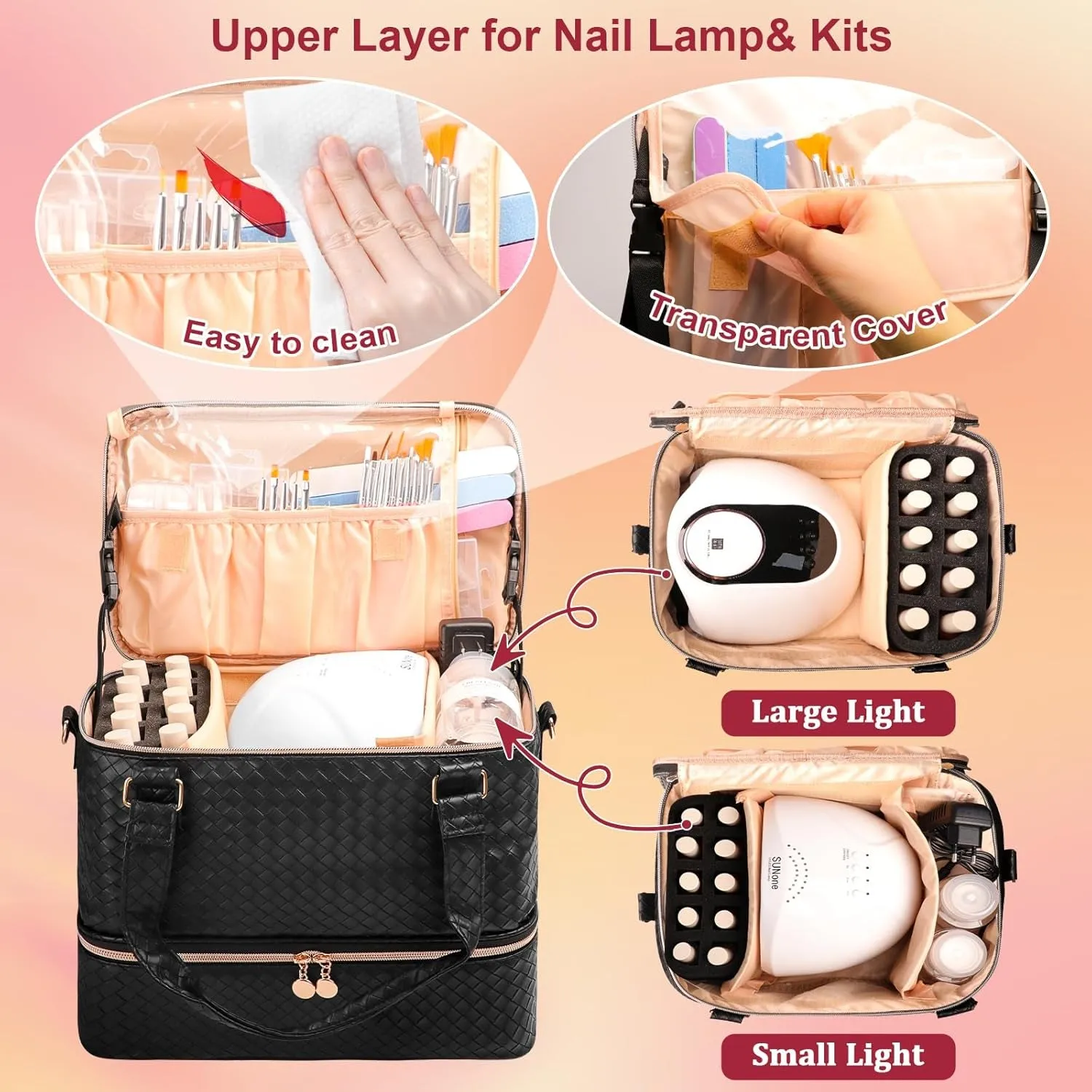 Nail Polish Organizer Bag Holds 50 Bottles (15Ml/0.5 Fl.Oz)& Nail Lamp, Vegan Leather Nail Kit Storage Case with Holder Staps, Portable Nail Supplies Organizer for Manicure Tools (Black)
