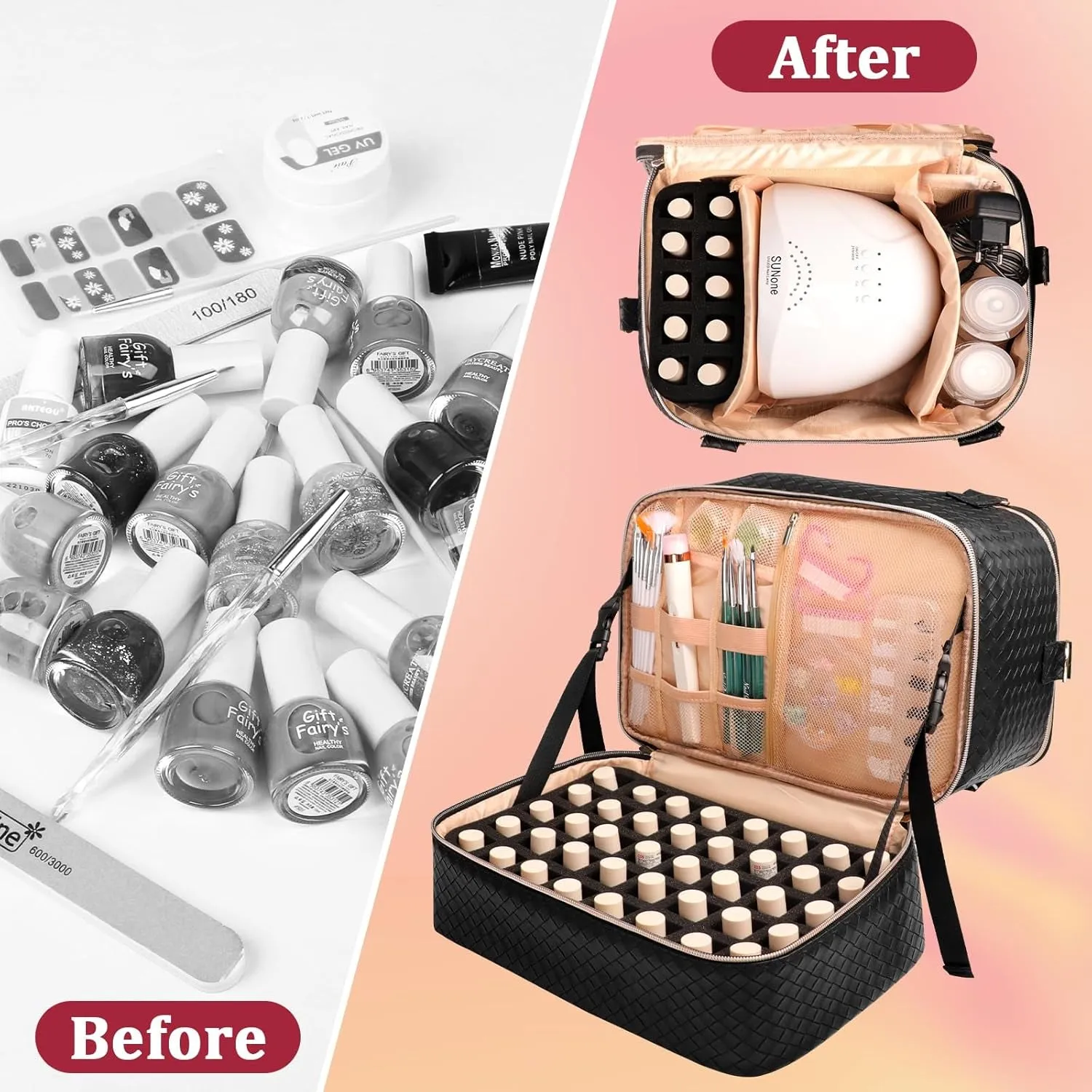 Nail Polish Organizer Bag Holds 50 Bottles (15Ml/0.5 Fl.Oz)& Nail Lamp, Vegan Leather Nail Kit Storage Case with Holder Staps, Portable Nail Supplies Organizer for Manicure Tools (Black)