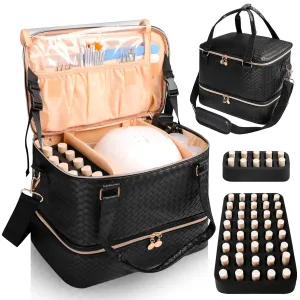 Nail Polish Organizer Bag Holds 50 Bottles (15Ml/0.5 Fl.Oz)& Nail Lamp, Vegan Leather Nail Kit Storage Case with Holder Staps, Portable Nail Supplies Organizer for Manicure Tools (Black)