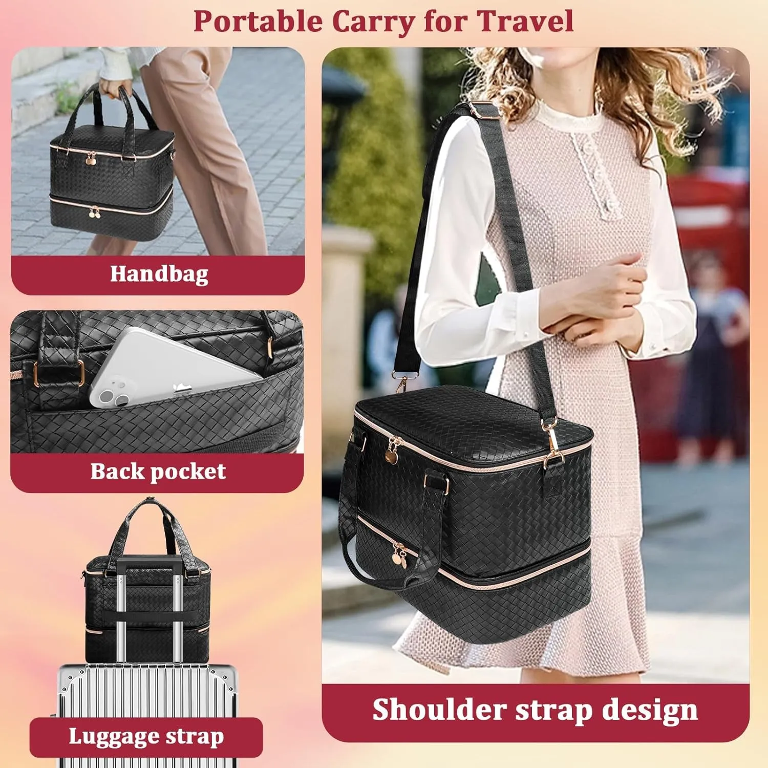 Nail Polish Organizer Bag Holds 50 Bottles (15Ml/0.5 Fl.Oz)& Nail Lamp, Vegan Leather Nail Kit Storage Case with Holder Staps, Portable Nail Supplies Organizer for Manicure Tools (Black)