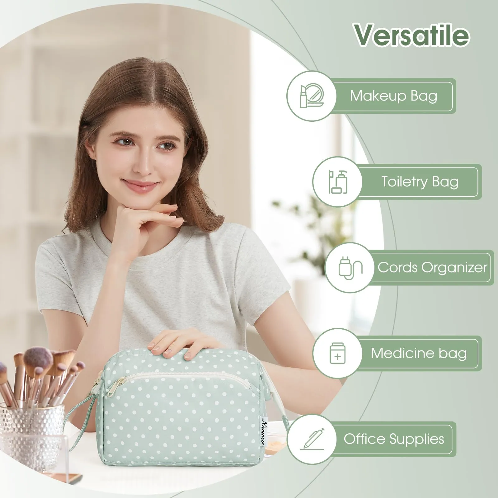 Narwey Large Women Makeup Bag Wide-open Make up Bag Travel Cosmetic Organizer Toiletry Bag for Cosmetics Toiletries Accessories (Mint Green Polka Dot)