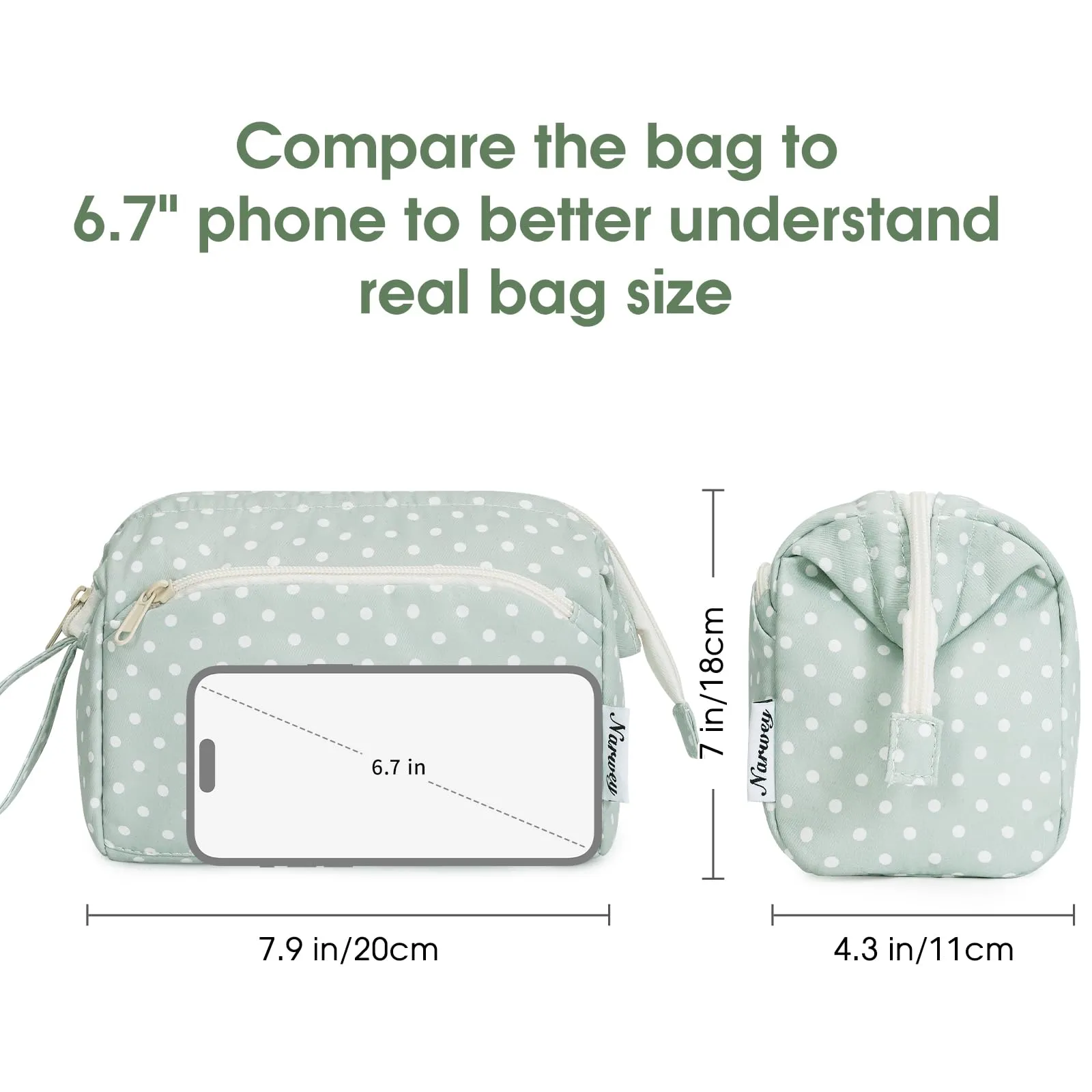 Narwey Large Women Makeup Bag Wide-open Make up Bag Travel Cosmetic Organizer Toiletry Bag for Cosmetics Toiletries Accessories (Mint Green Polka Dot)