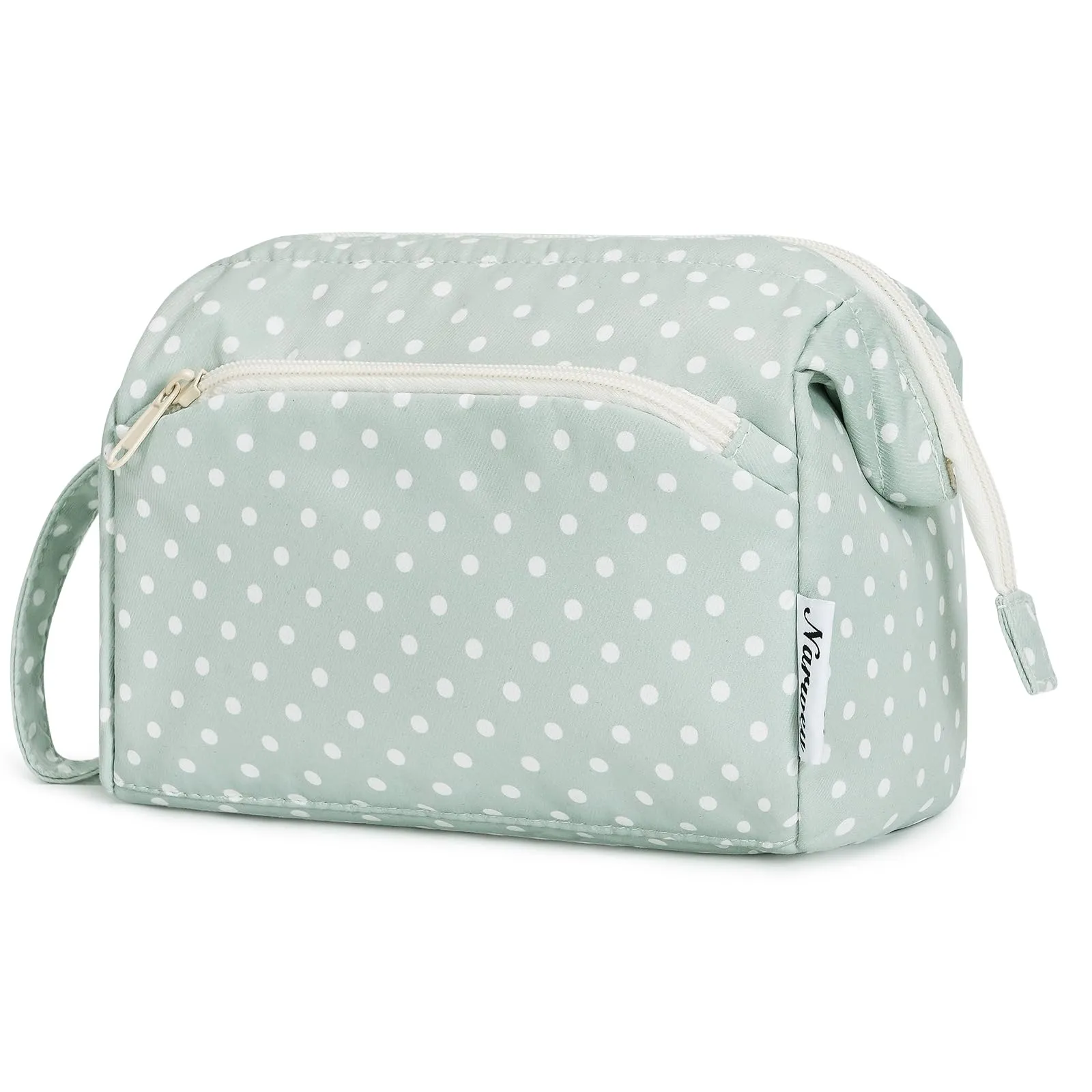 Narwey Large Women Makeup Bag Wide-open Make up Bag Travel Cosmetic Organizer Toiletry Bag for Cosmetics Toiletries Accessories (Mint Green Polka Dot)