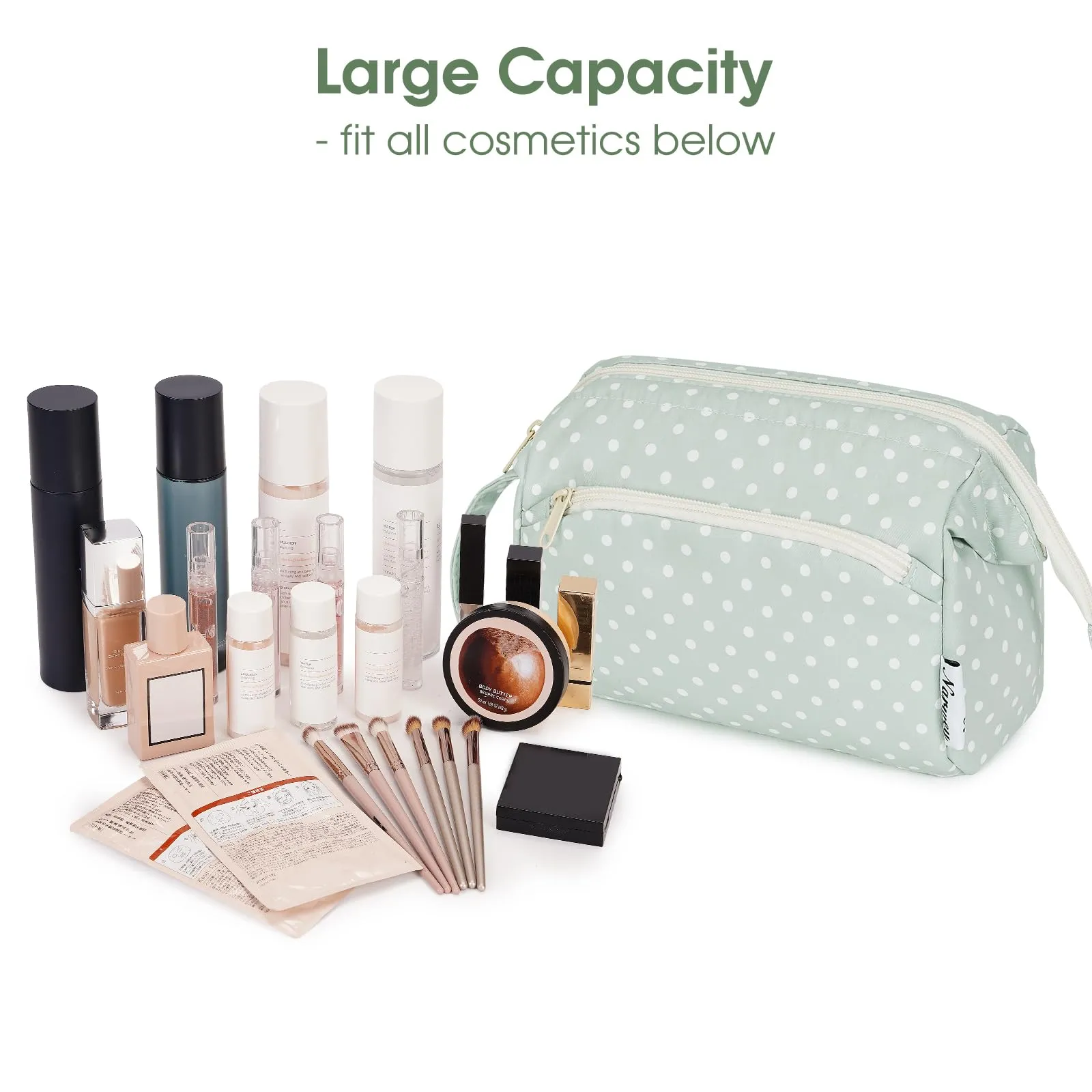 Narwey Large Women Makeup Bag Wide-open Make up Bag Travel Cosmetic Organizer Toiletry Bag for Cosmetics Toiletries Accessories (Mint Green Polka Dot)