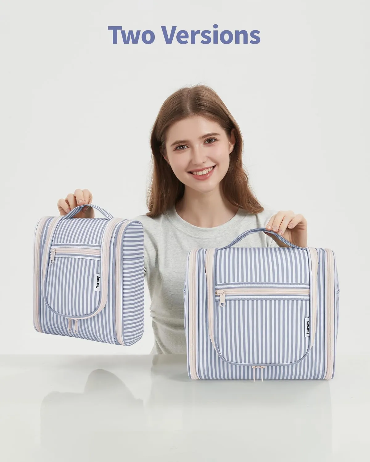 Narwey Striped Hanging Travel Toiletry Bag for Women, Travel Bag for Toiletries, Makeup Bag Organizer Cosmetic Bags Make Up Bags for Women (Greyish Blue Stripe)