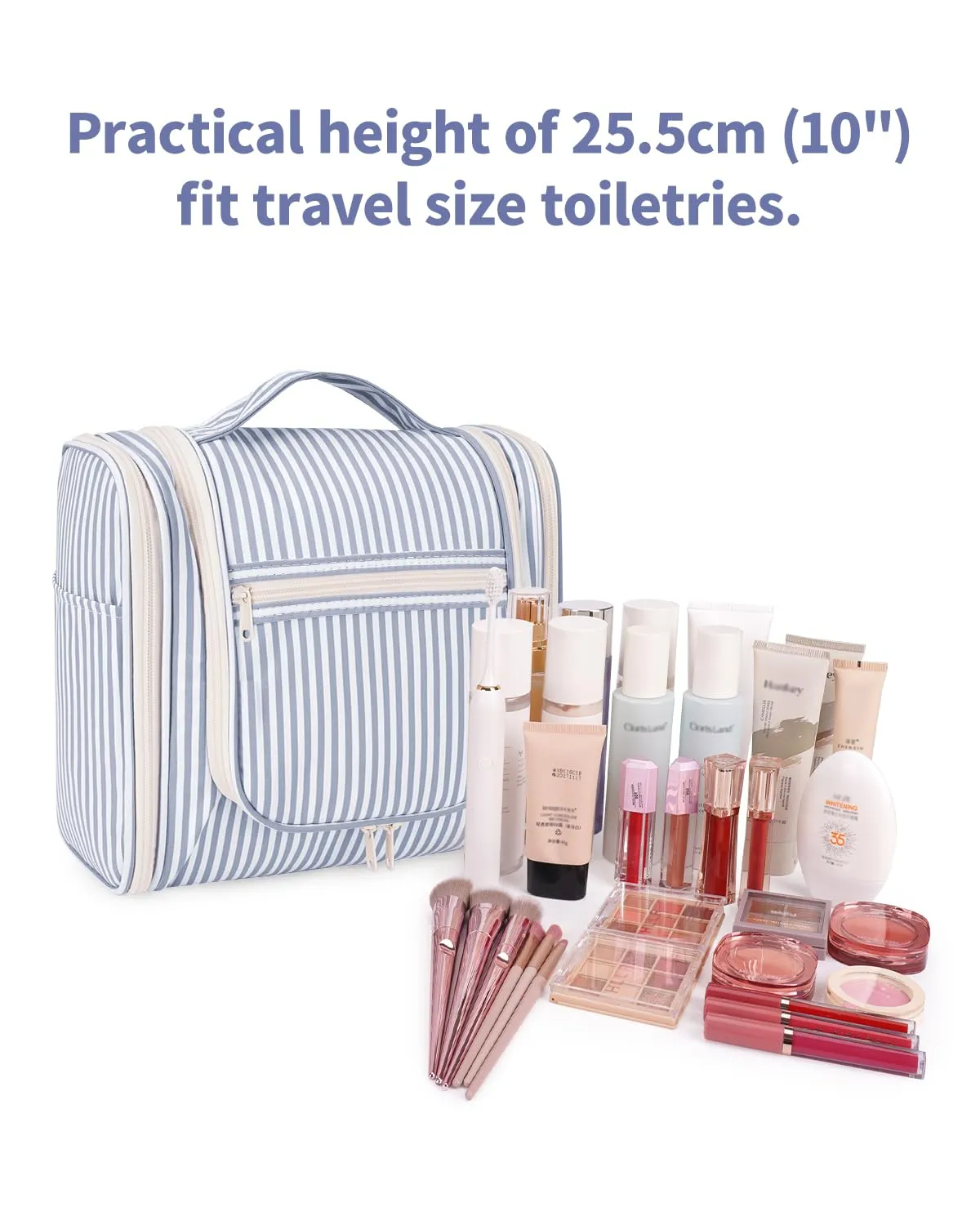 Narwey Striped Hanging Travel Toiletry Bag for Women, Travel Bag for Toiletries, Makeup Bag Organizer Cosmetic Bags Make Up Bags for Women (Greyish Blue Stripe)