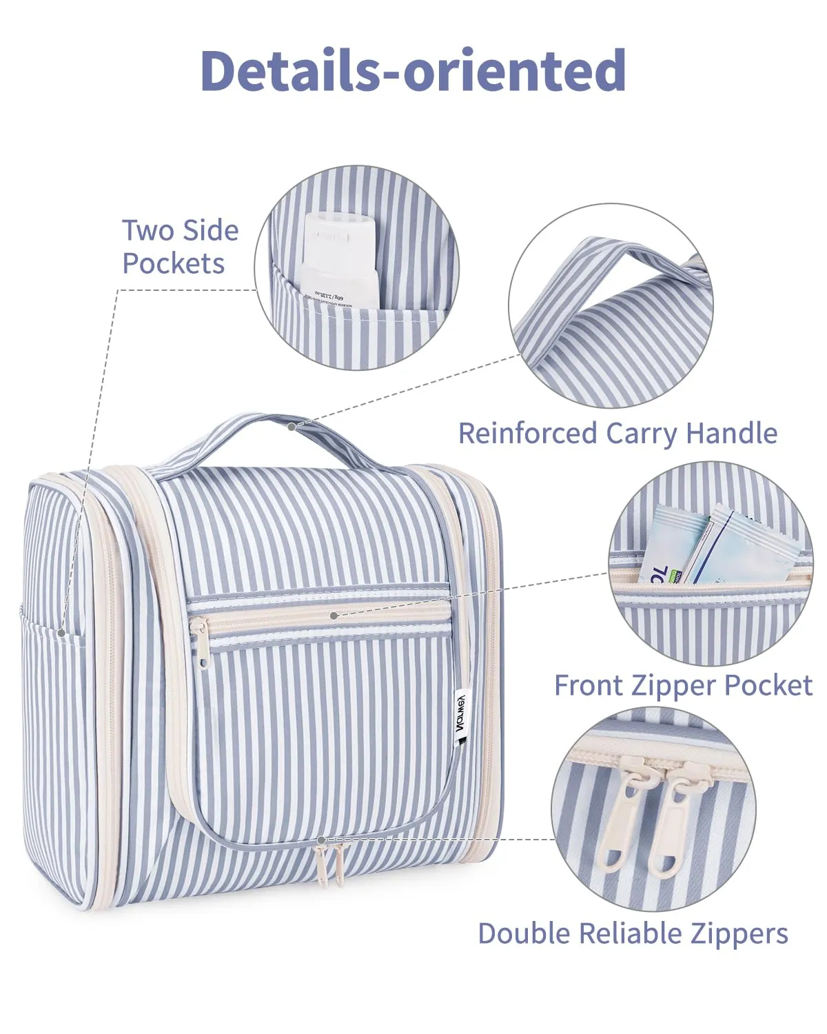 Narwey Striped Hanging Travel Toiletry Bag for Women, Travel Bag for Toiletries, Makeup Bag Organizer Cosmetic Bags Make Up Bags for Women (Greyish Blue Stripe)