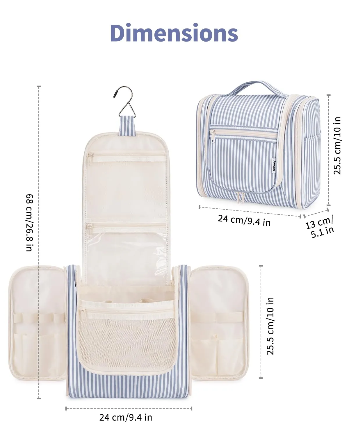 Narwey Striped Hanging Travel Toiletry Bag for Women, Travel Bag for Toiletries, Makeup Bag Organizer Cosmetic Bags Make Up Bags for Women (Greyish Blue Stripe)