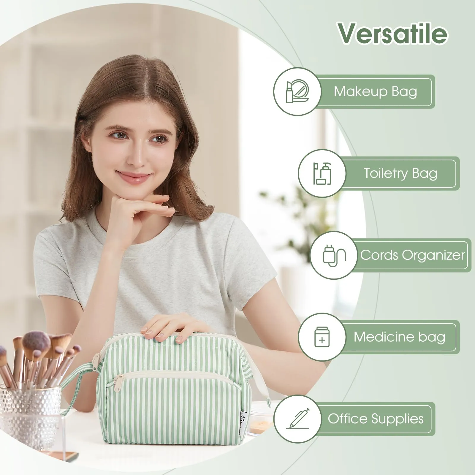 Narwey Striped Makeup Bag Women Wide-open Make up Bag Travel Cosmetic Bag Organizer Toiletry Bag for Cosmetics Toiletries Accessories (Mint Green Stripe)