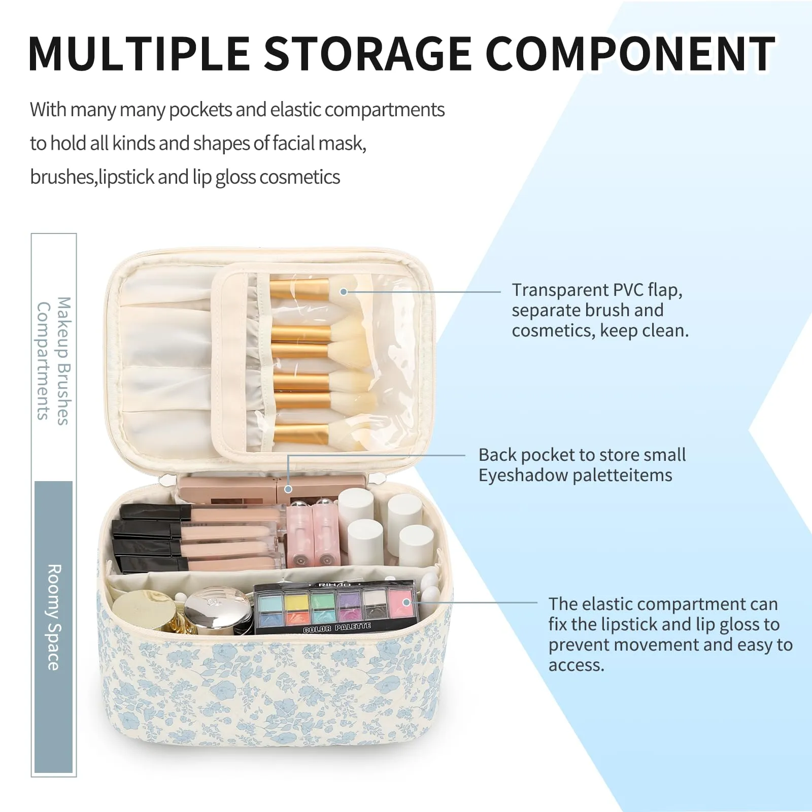 OCHEAL Makeup Bag Portable Cosmetic Bag For Women, Large Capacity Travel Makeup Case Organizer, Toiletry Bag for Girls Traveling With Handle and Divider-Flowers