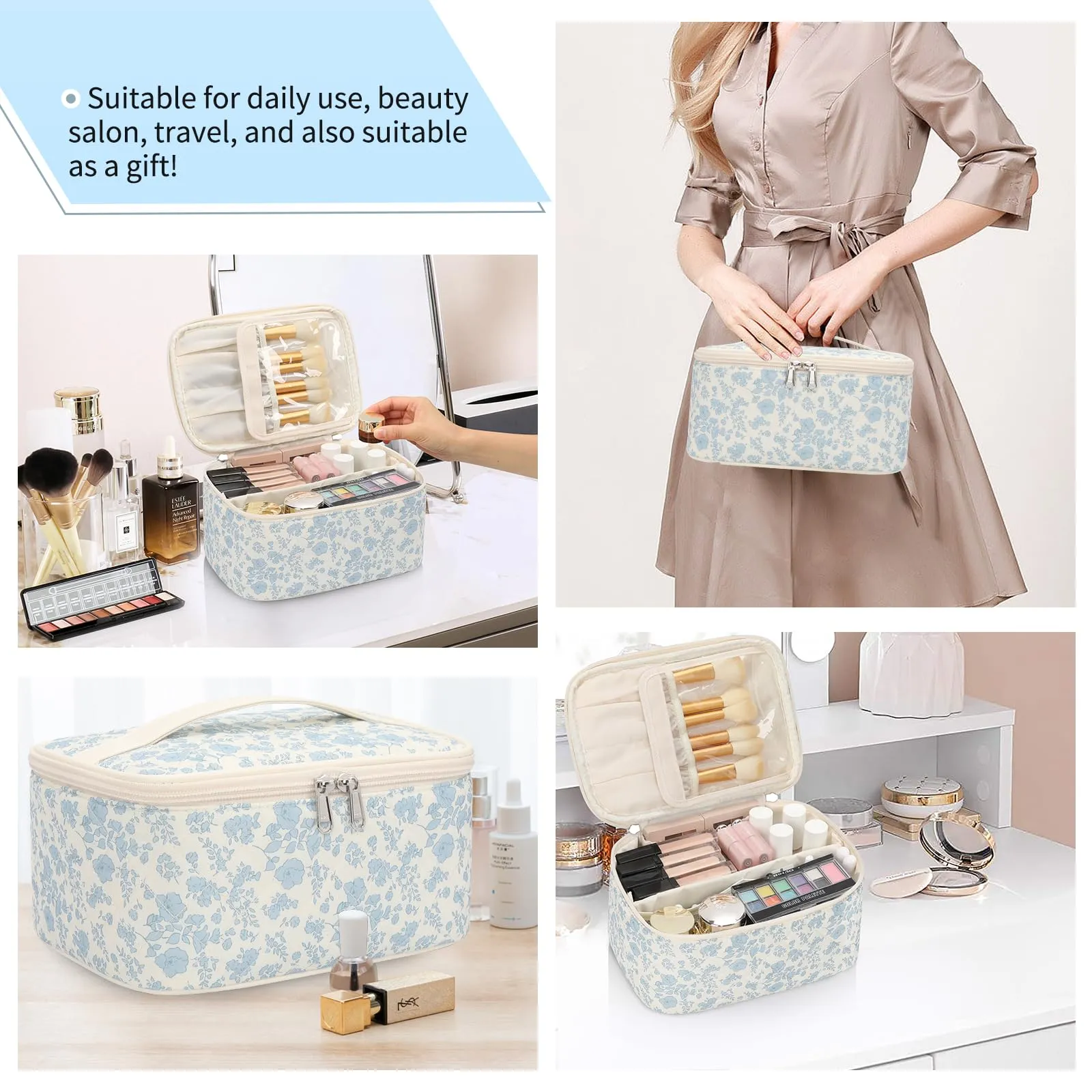 OCHEAL Makeup Bag Portable Cosmetic Bag For Women, Large Capacity Travel Makeup Case Organizer, Toiletry Bag for Girls Traveling With Handle and Divider-Flowers